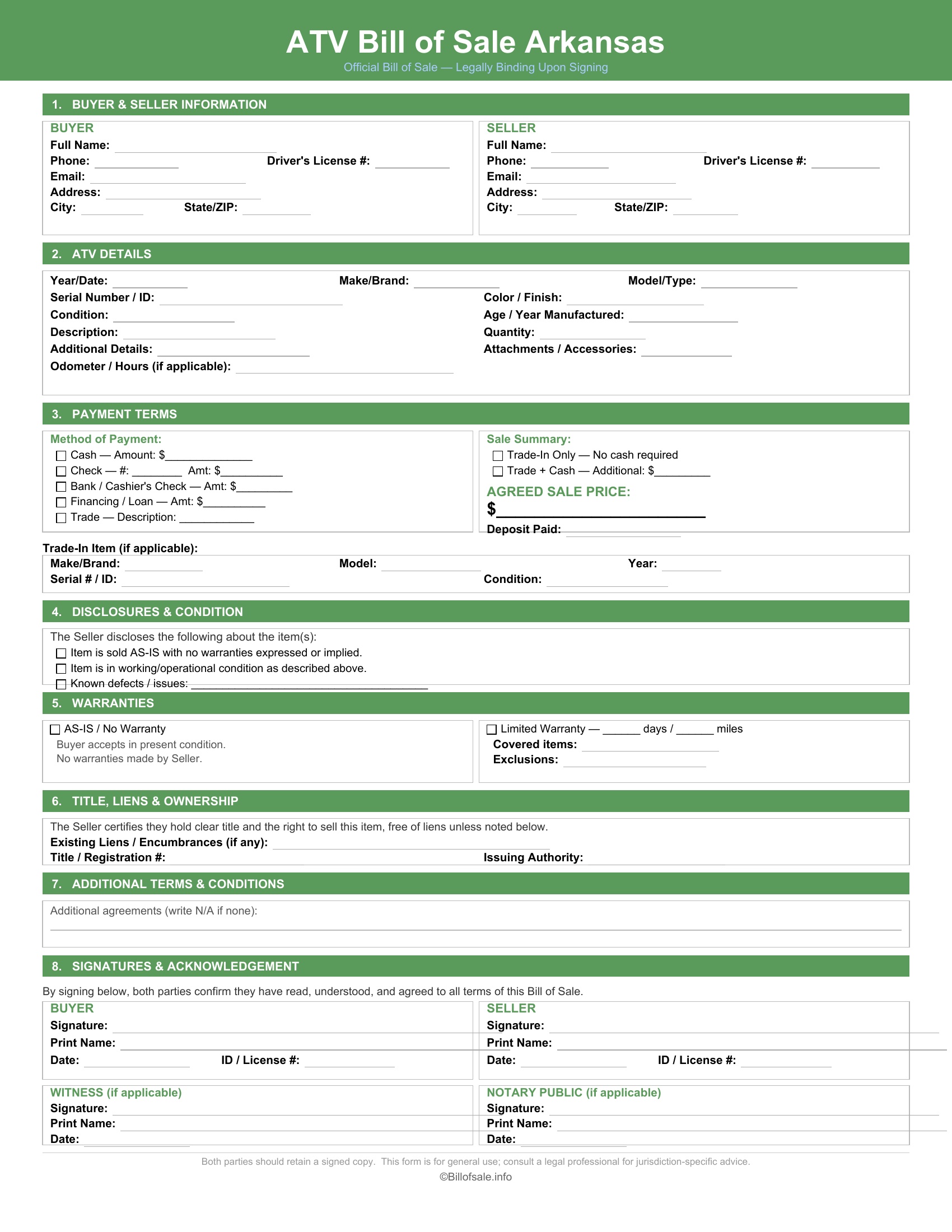 Arkansas ATV Bill of Sale