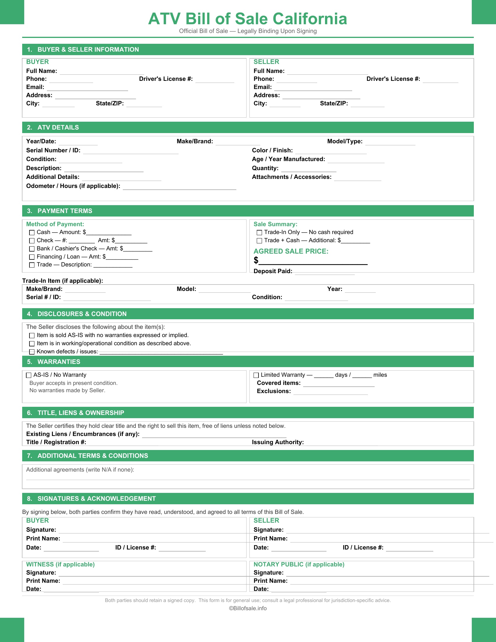 California ATV Bill of Sale