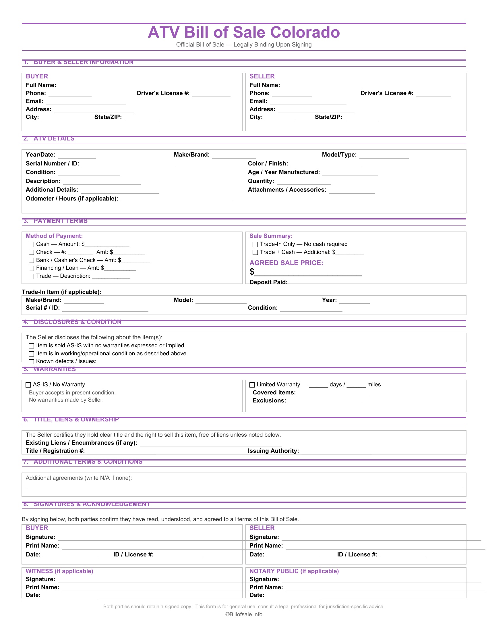 Colorado ATV Bill of Sale