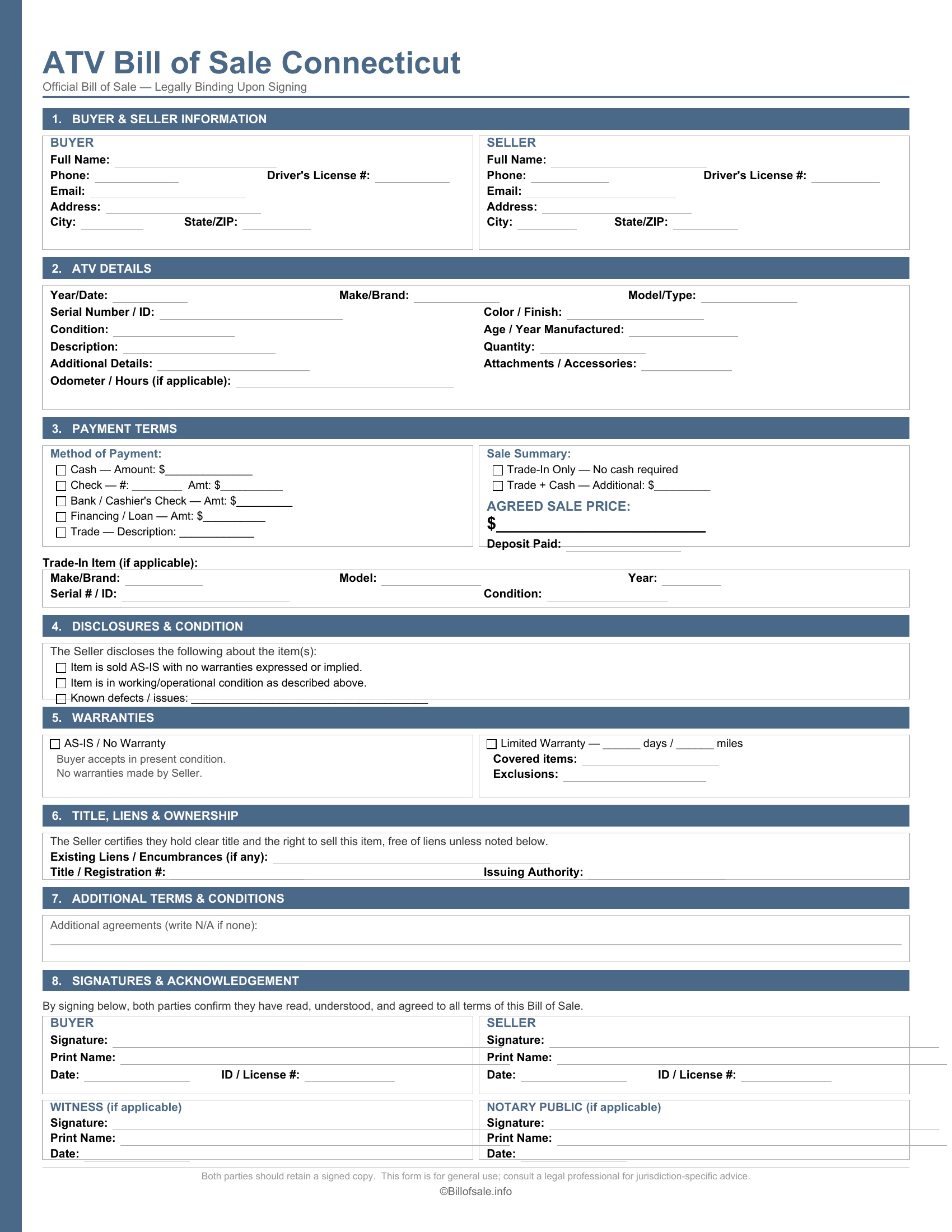 Connecticut ATV Bill of Sale