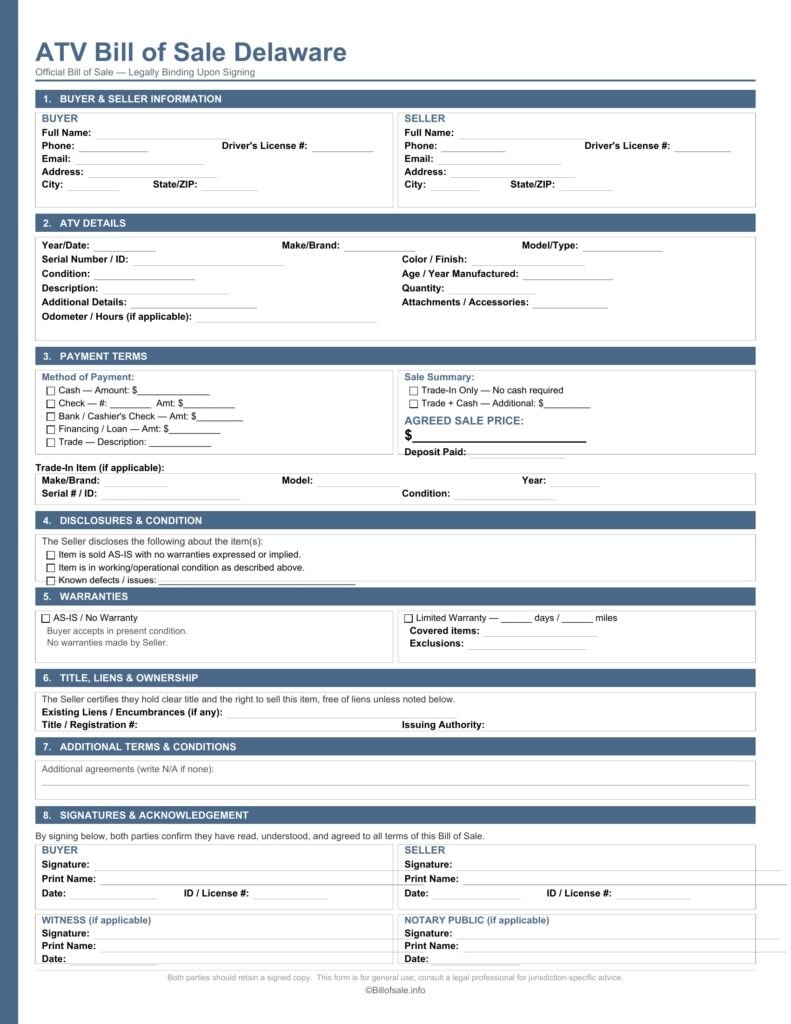 Delaware ATV Bill of Sale Form Template [PDF, WORD]