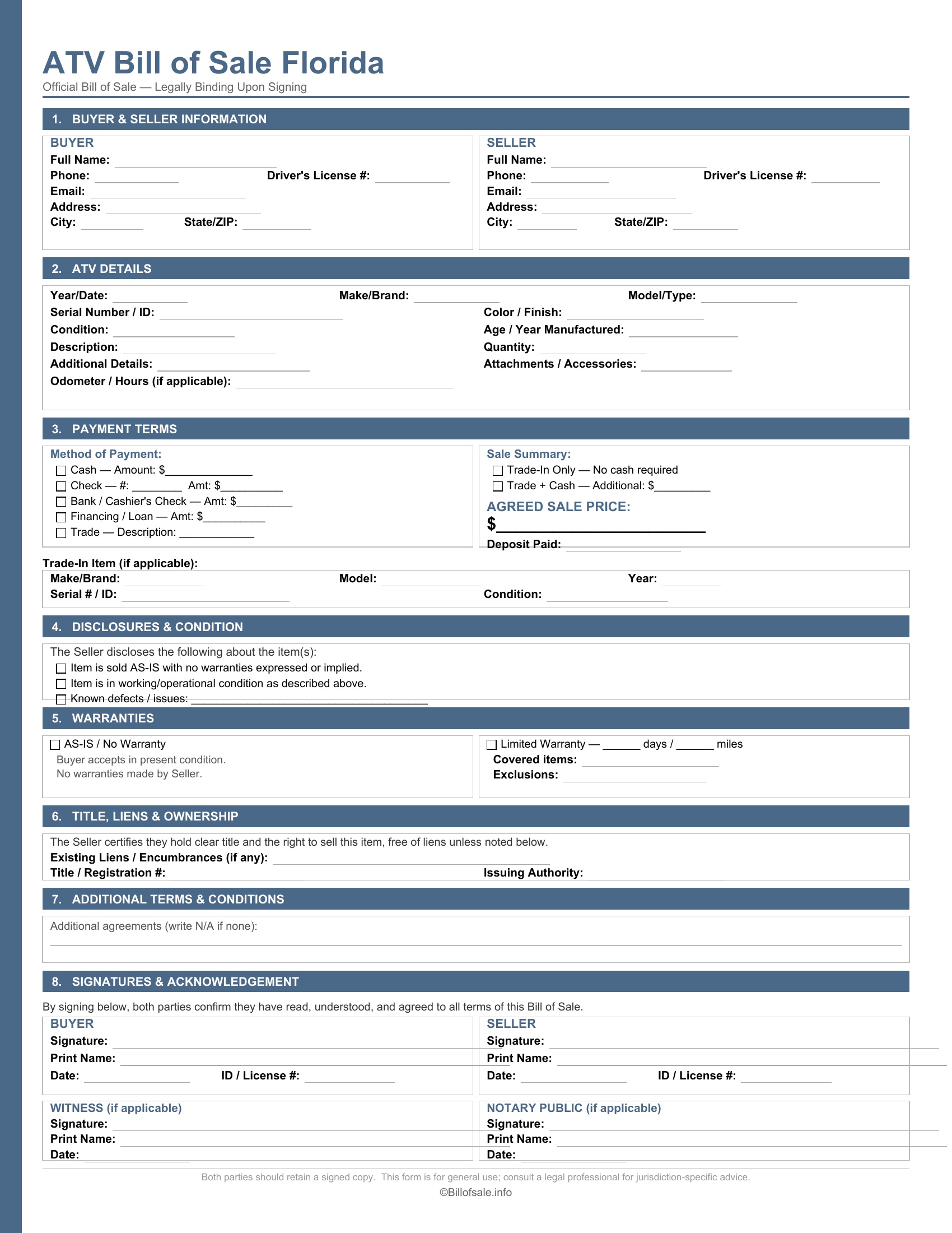 Florida ATV Bill of Sale