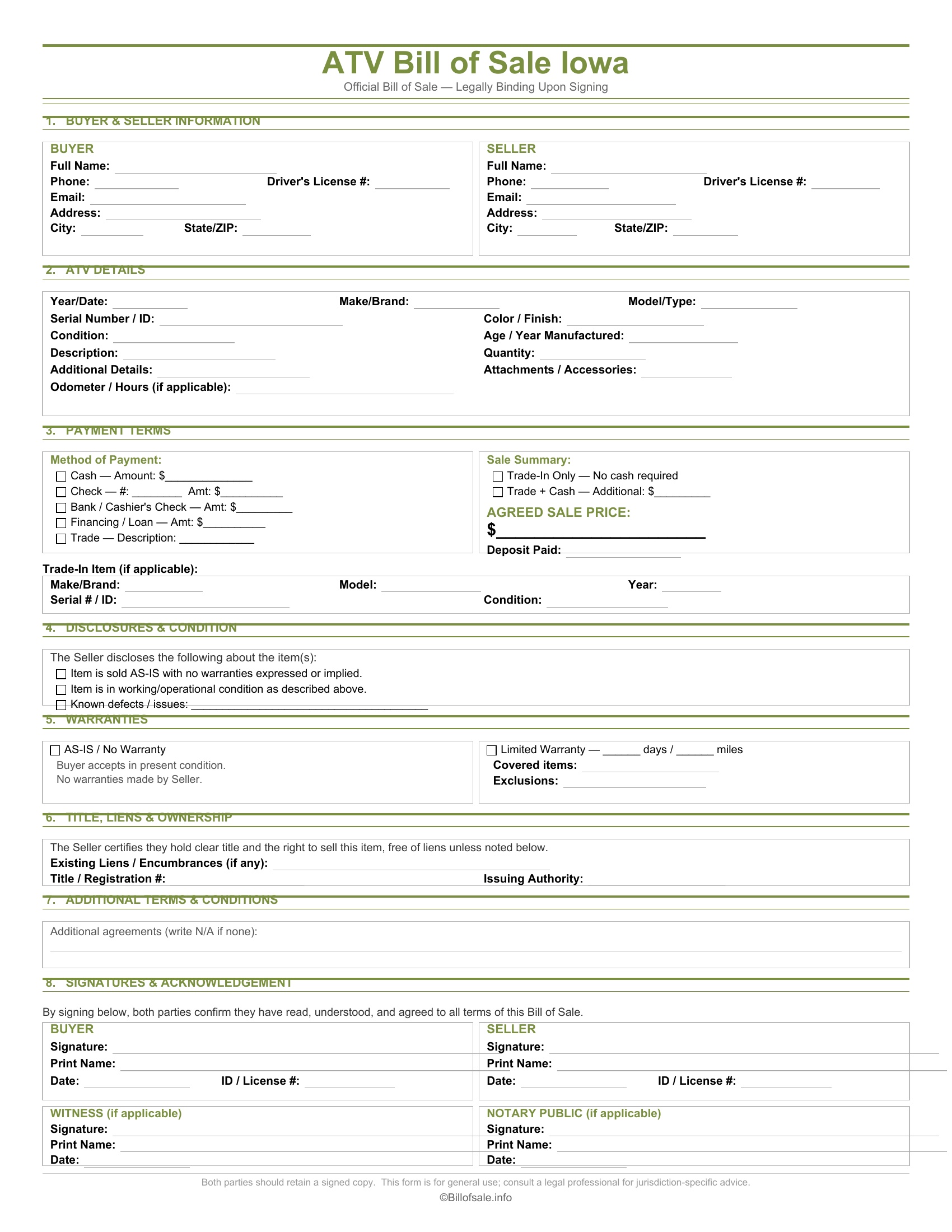 Iowa ATV Bill of Sale