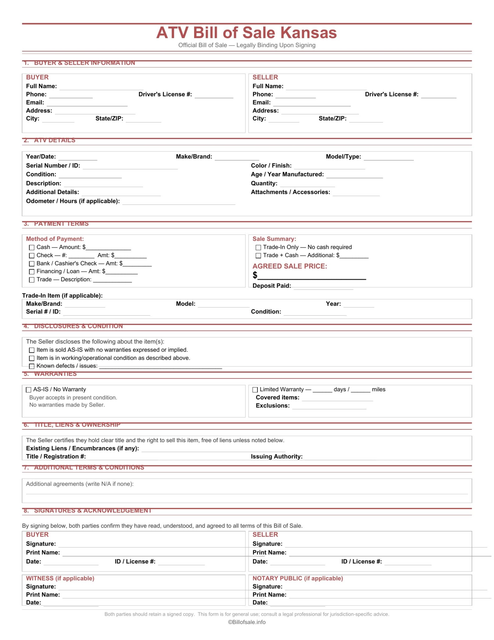 Kansas ATV Bill of Sale Form Template [PDF, WORD]