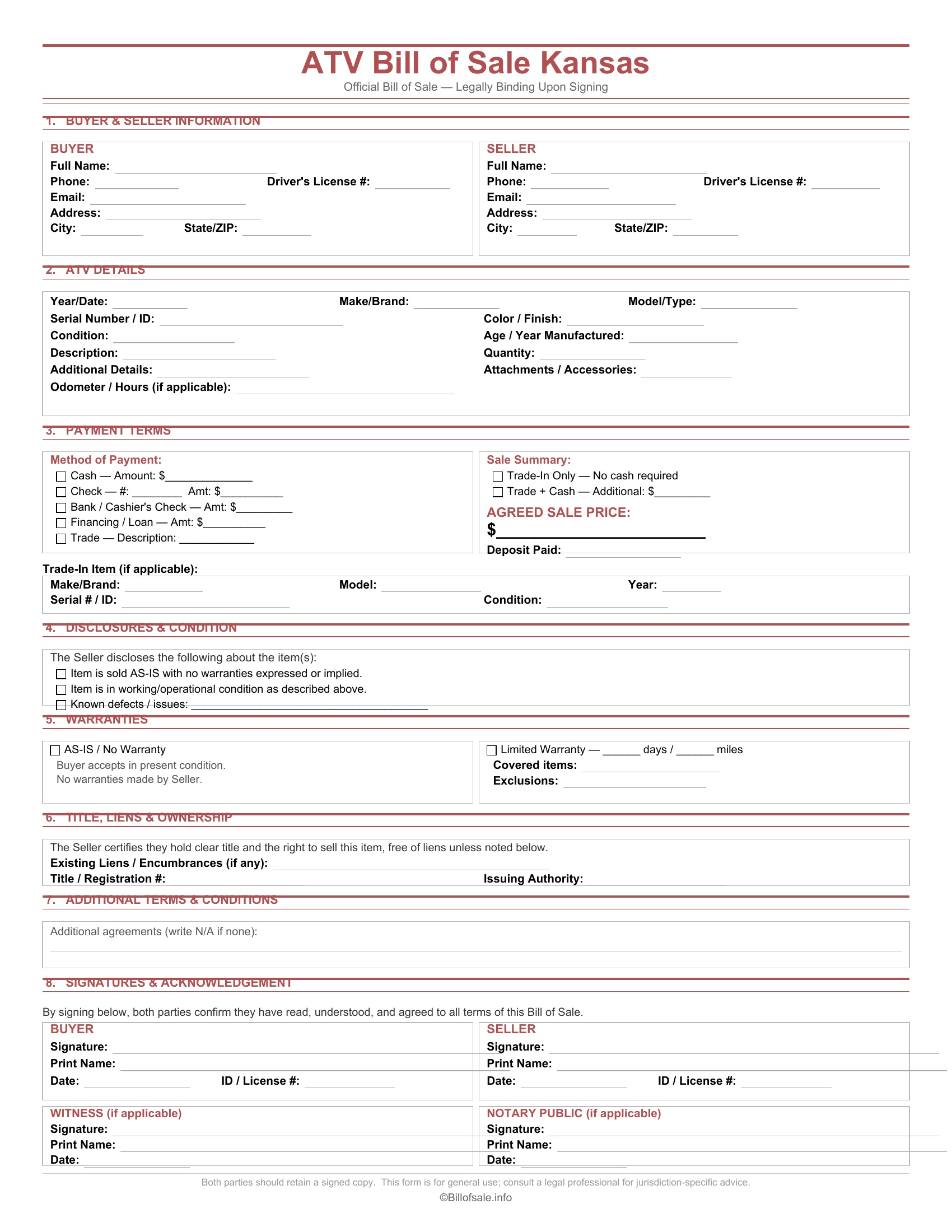Kansas ATV Bill of Sale