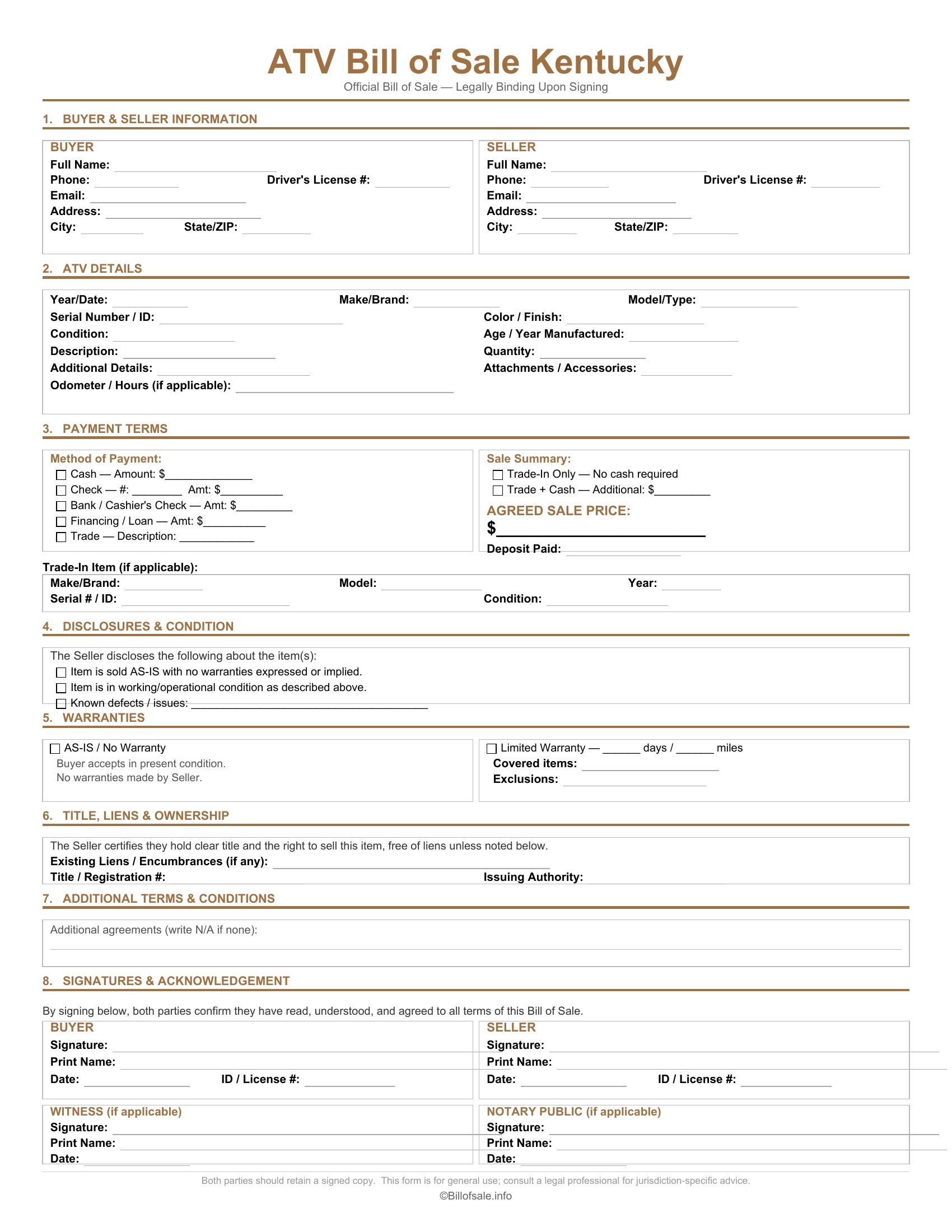 Kentucky ATV Bill of Sale