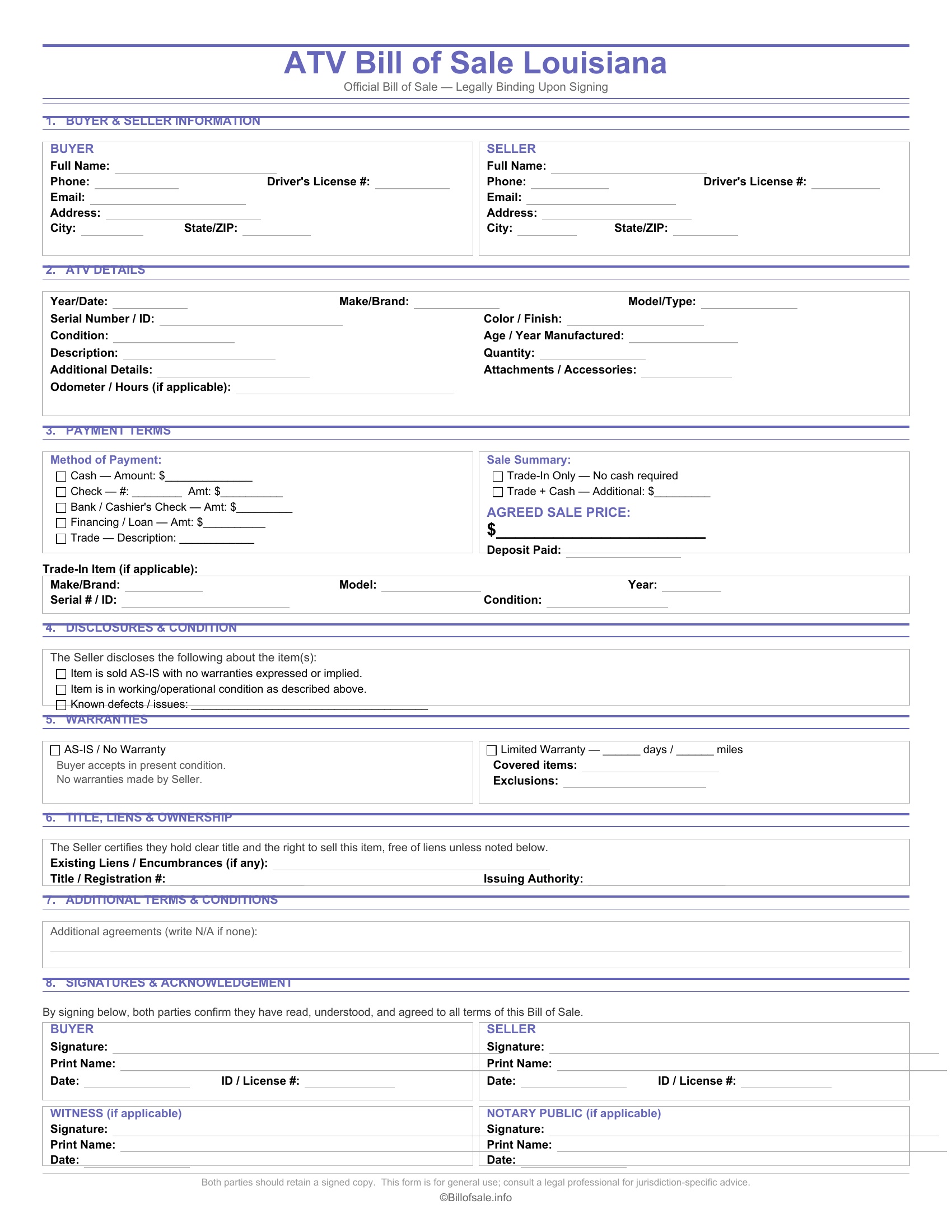Louisiana ATV Bill of Sale
