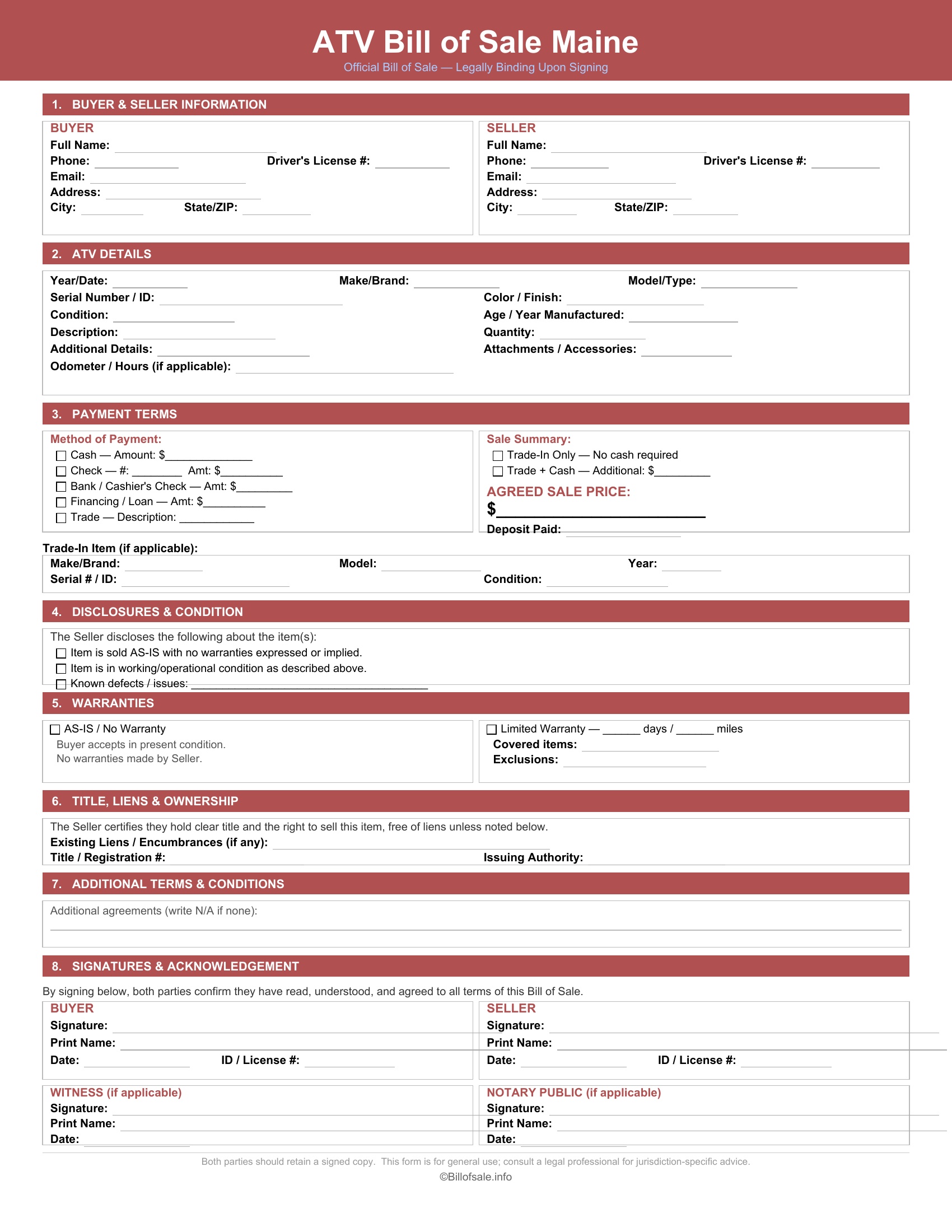 Maine ATV Bill of Sale
