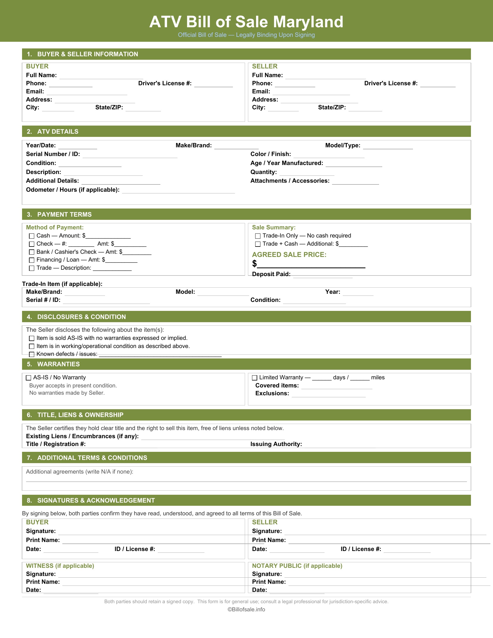 Maryland ATV Bill of Sale
