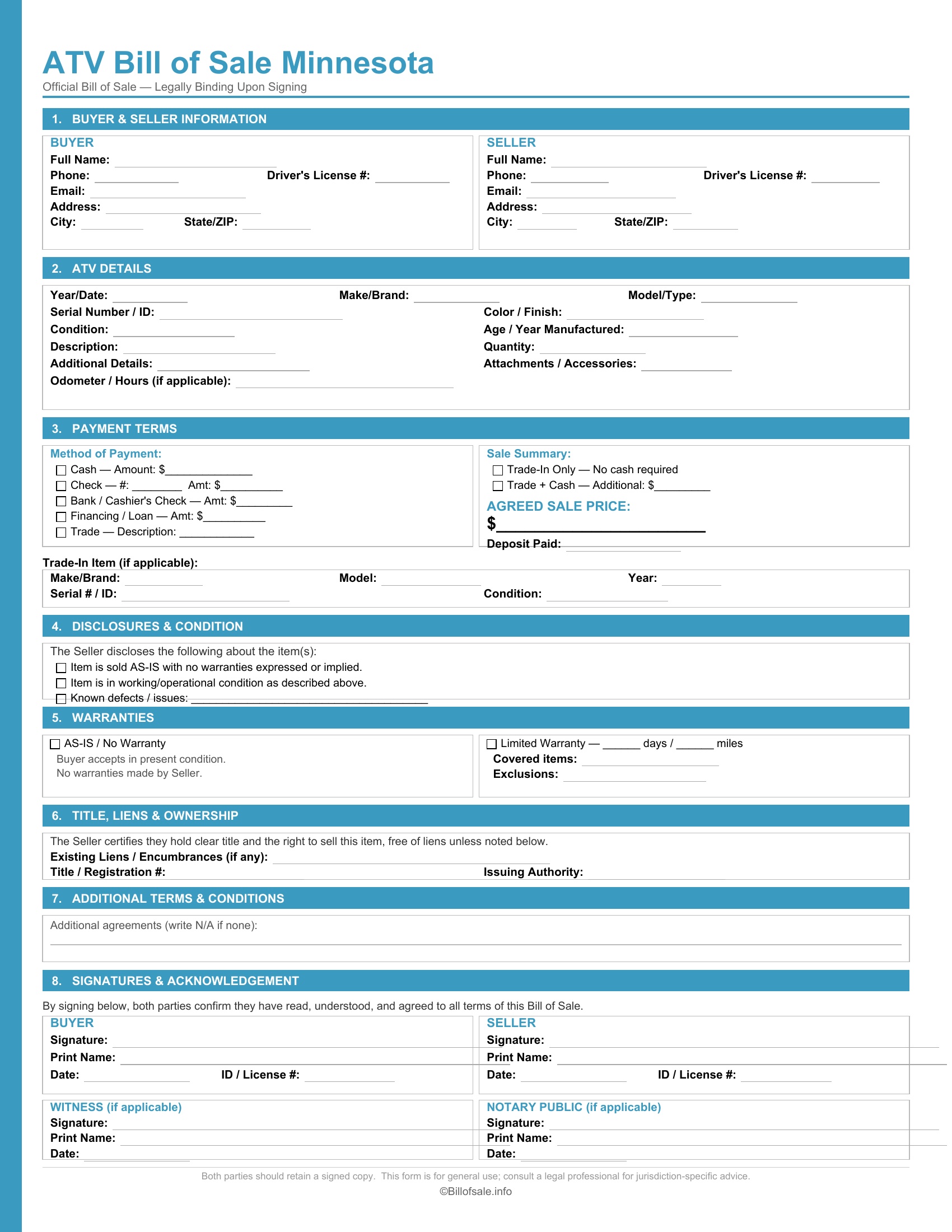 Minnesota ATV Bill of Sale