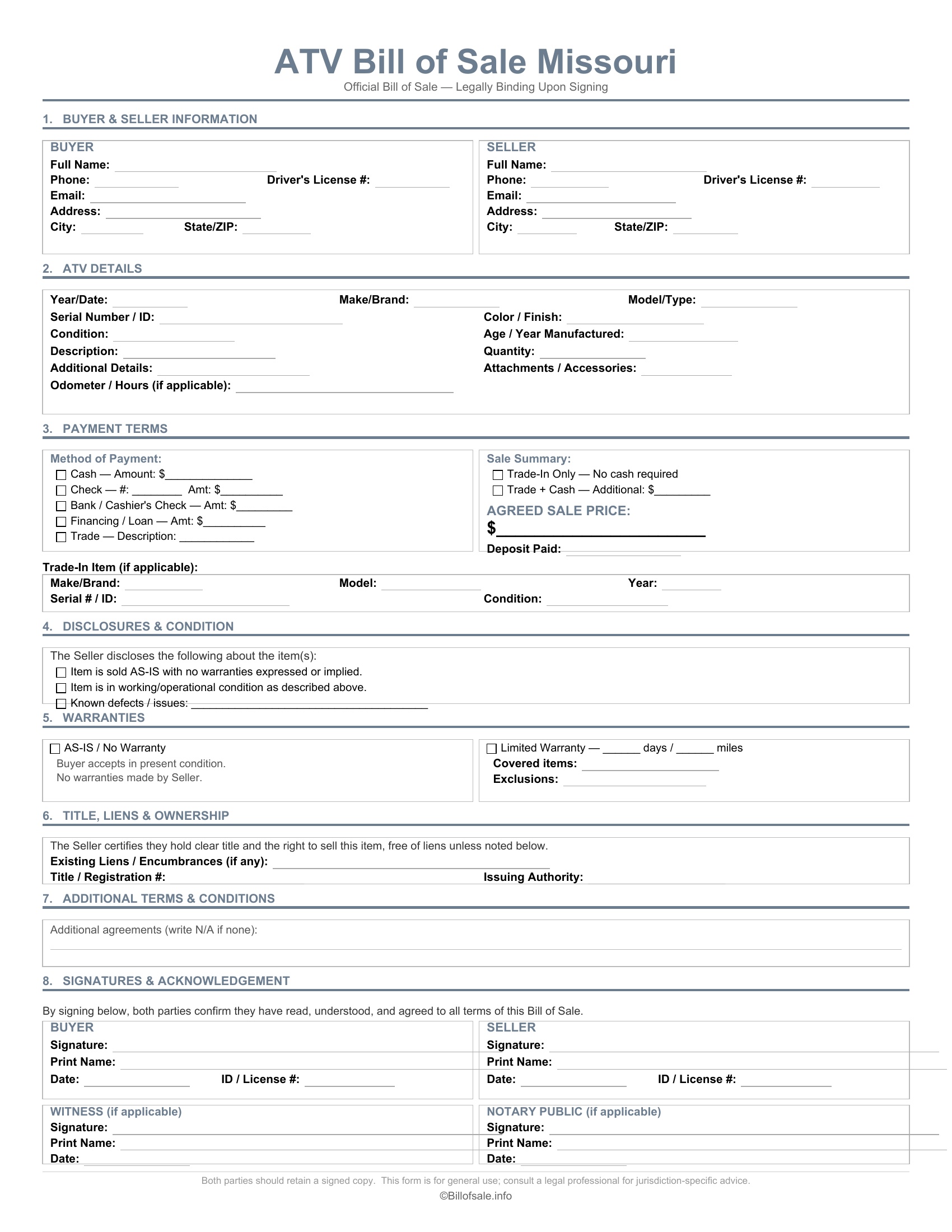 Missouri ATV Bill of Sale