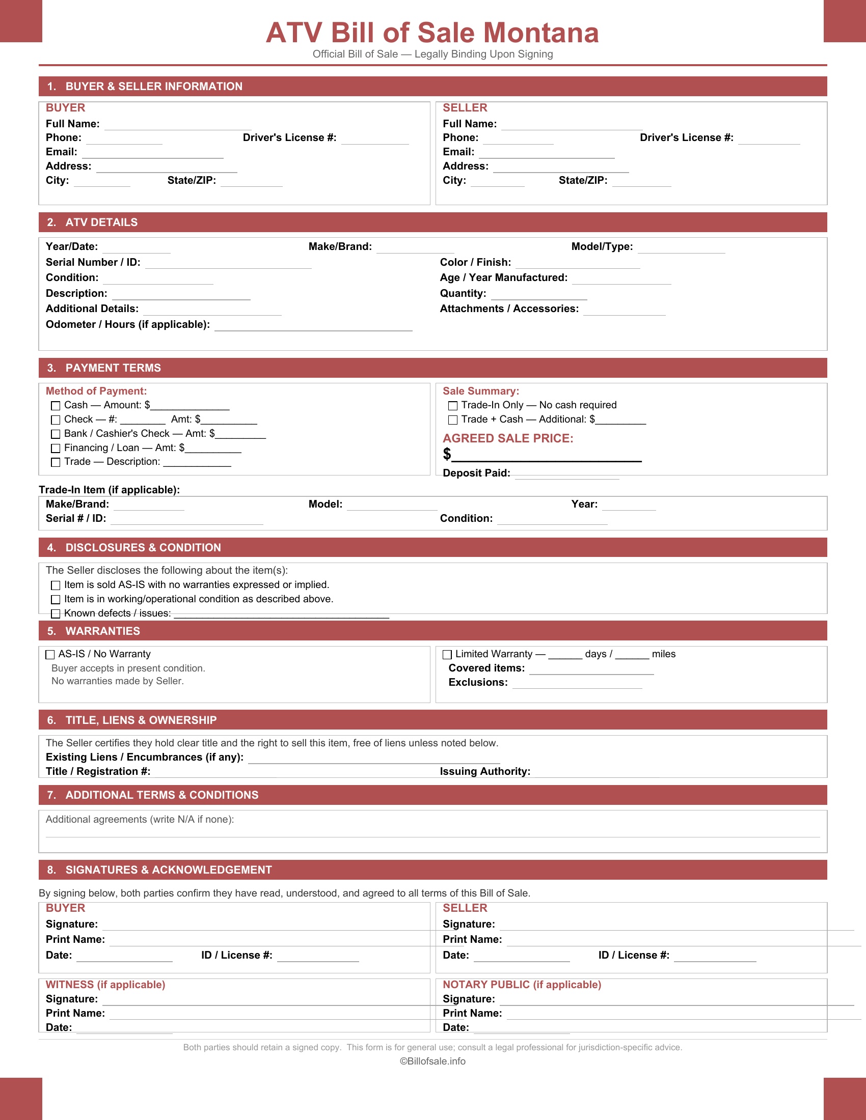 Montana ATV Bill of Sale