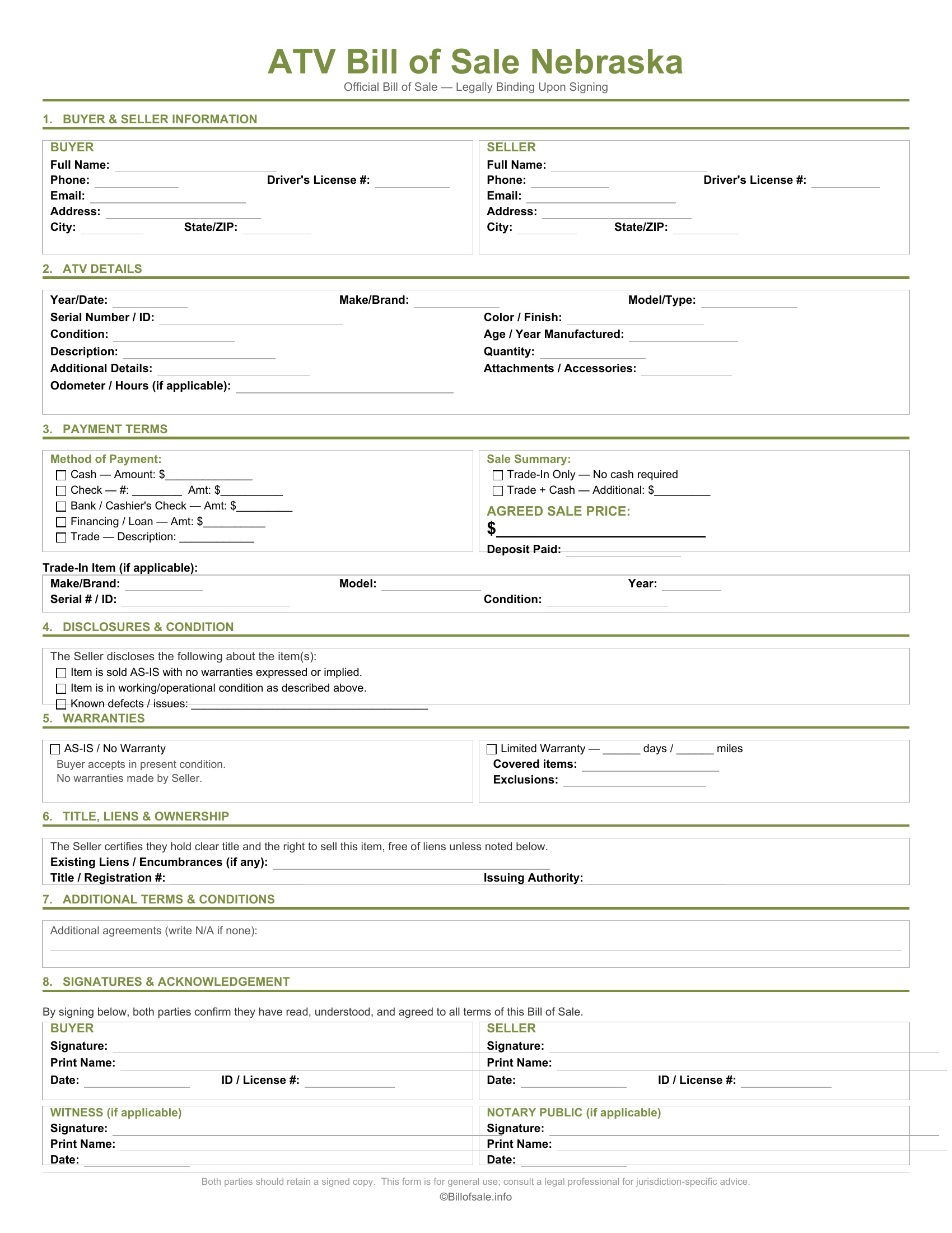 Nebraska ATV Bill of Sale