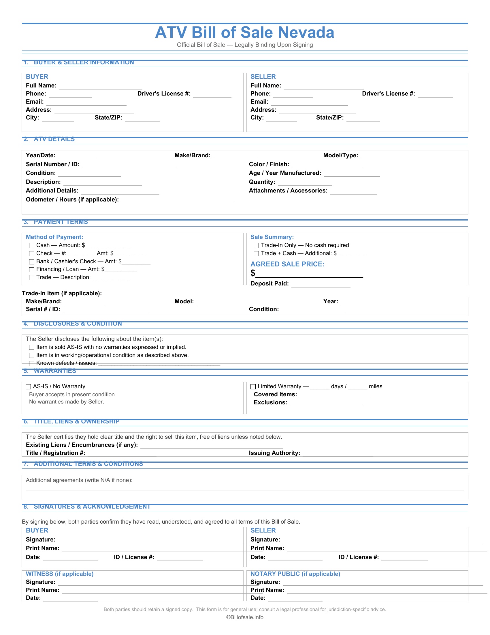 Nevada ATV Bill of Sale