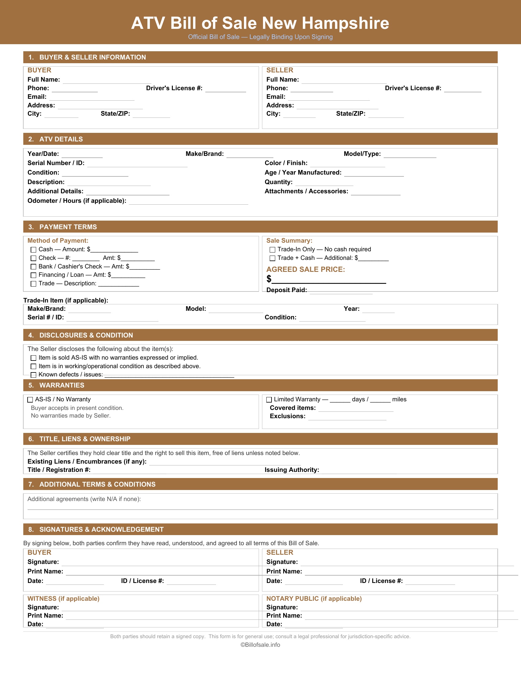 New Hampshire ATV Bill of Sale