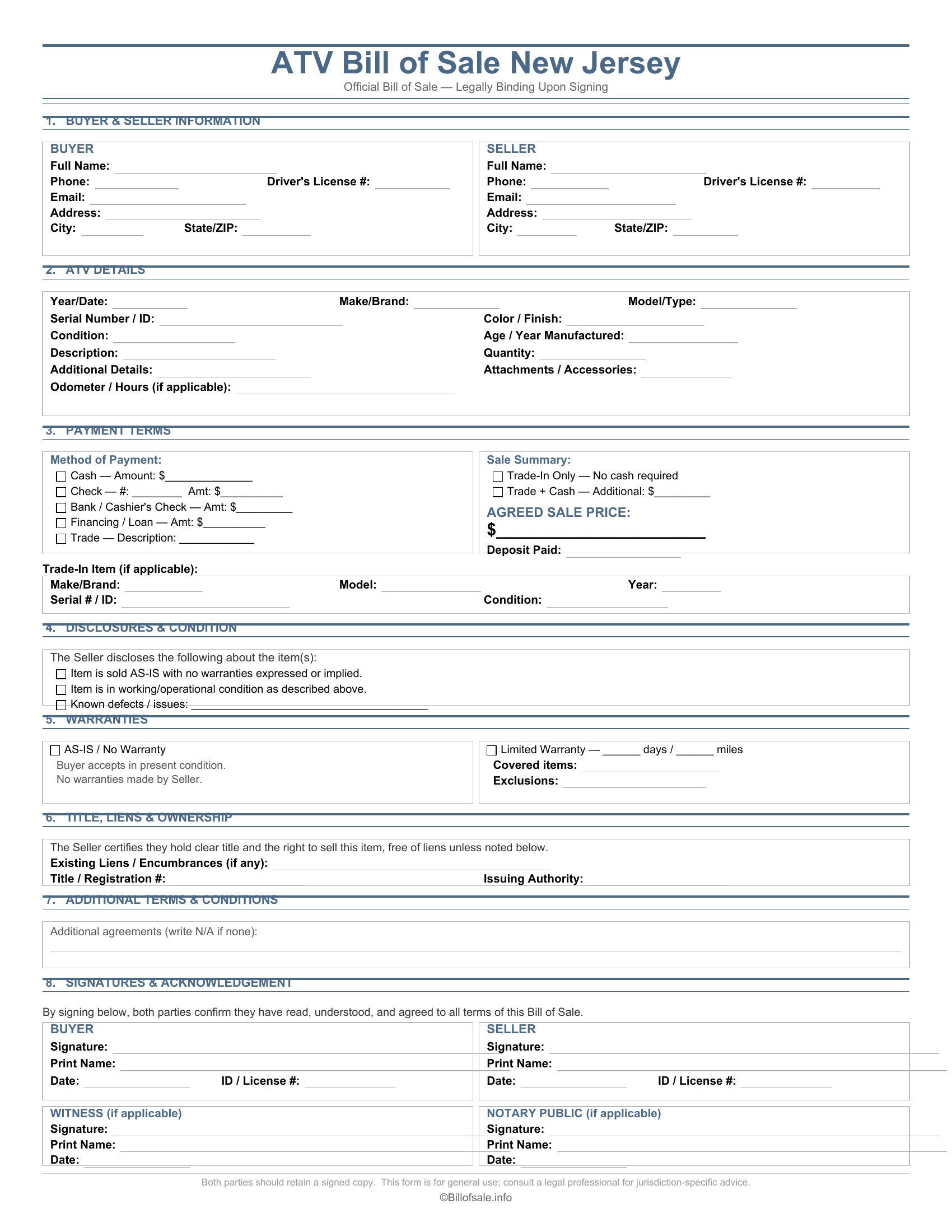 New Jersey ATV Bill of Sale