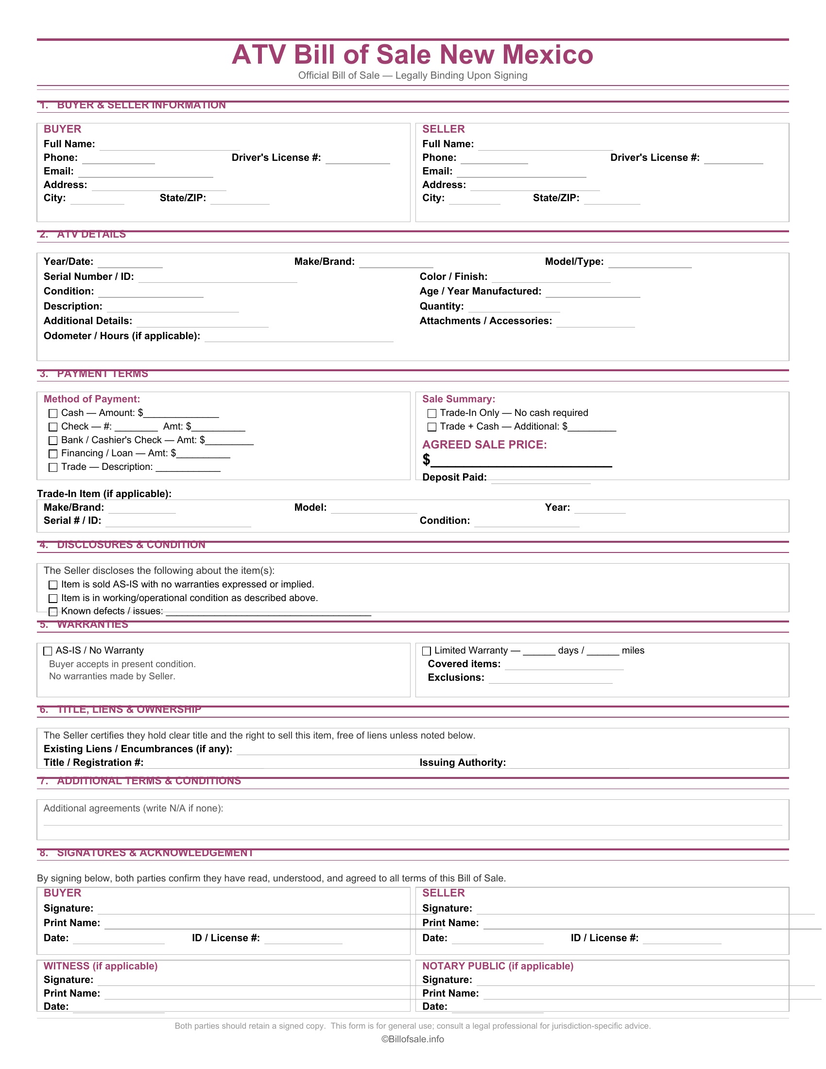New Mexico ATV Bill of Sale