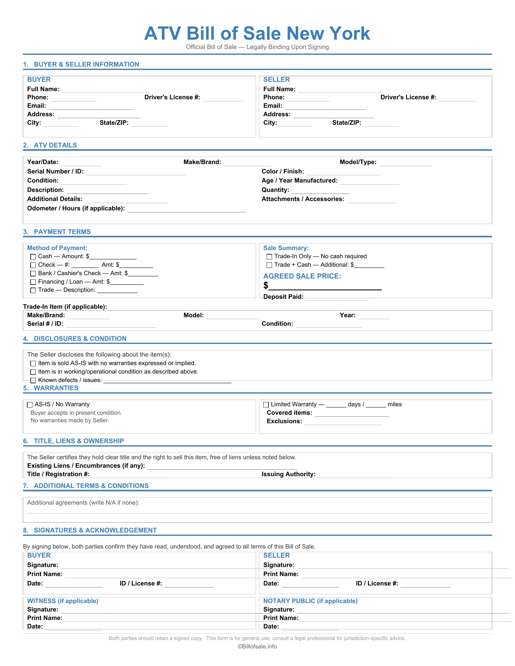 New York ATV Bill of Sale