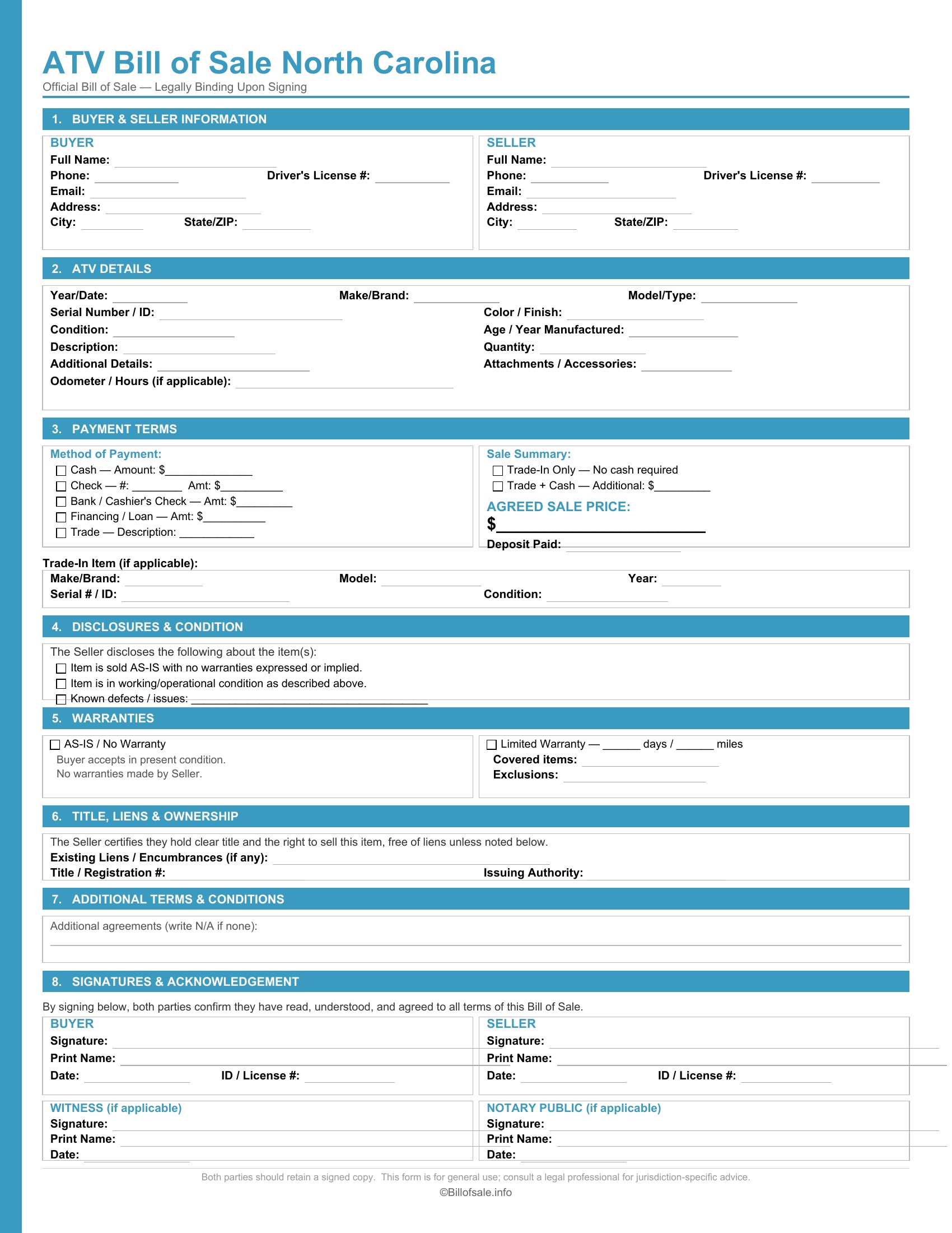 North Carolina ATV Bill of Sale