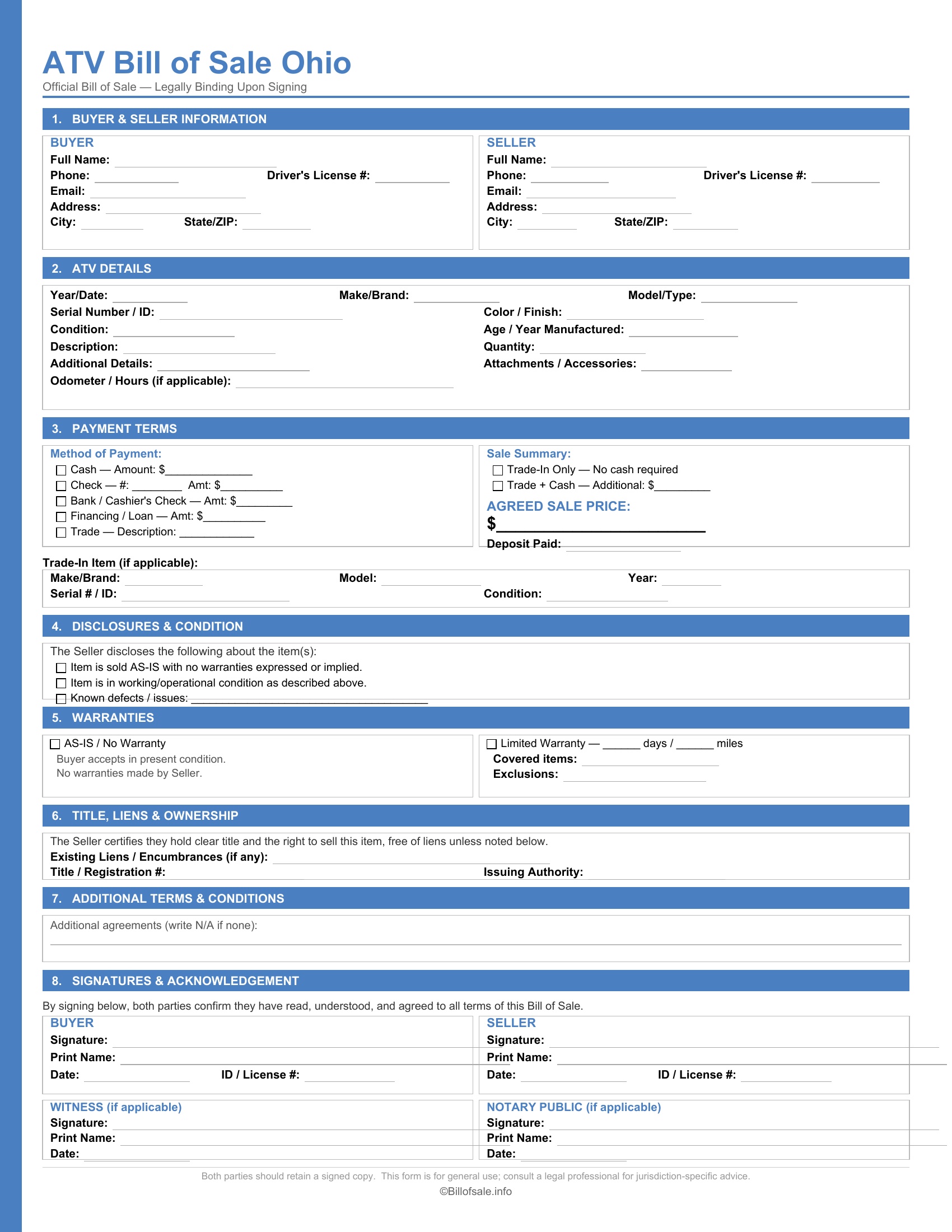 Ohio ATV Bill of Sale