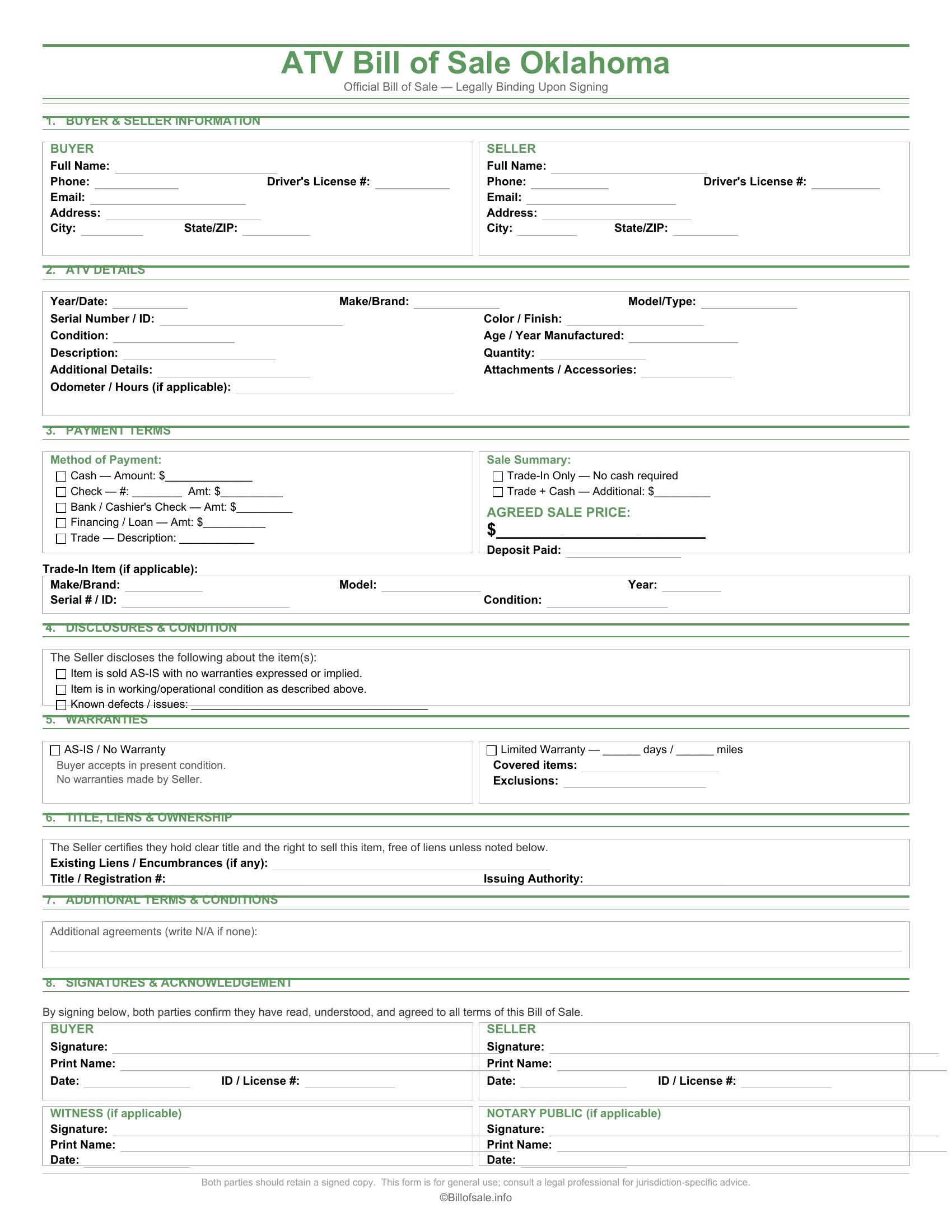 Oklahoma ATV Bill of Sale