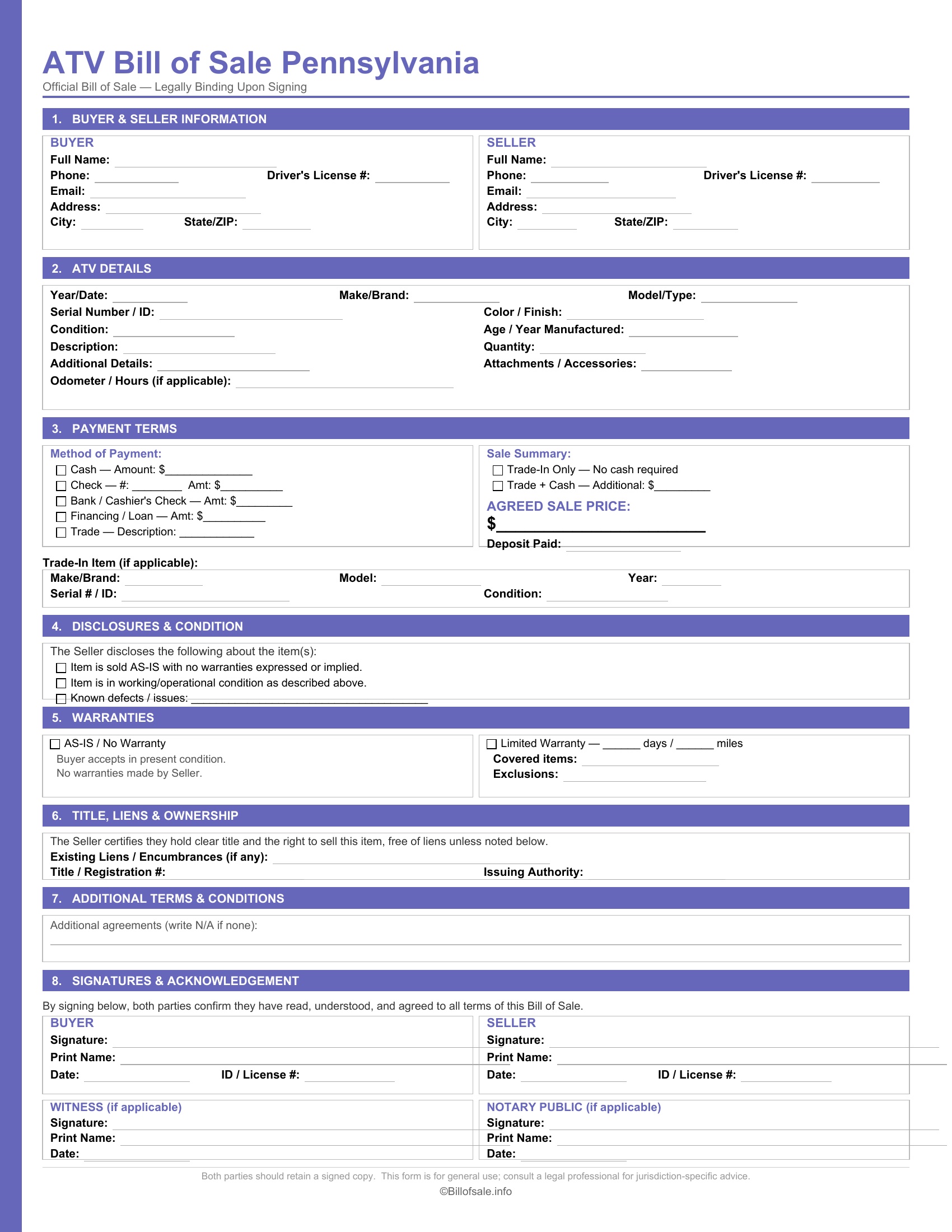 Pennsylvania ATV Bill of Sale