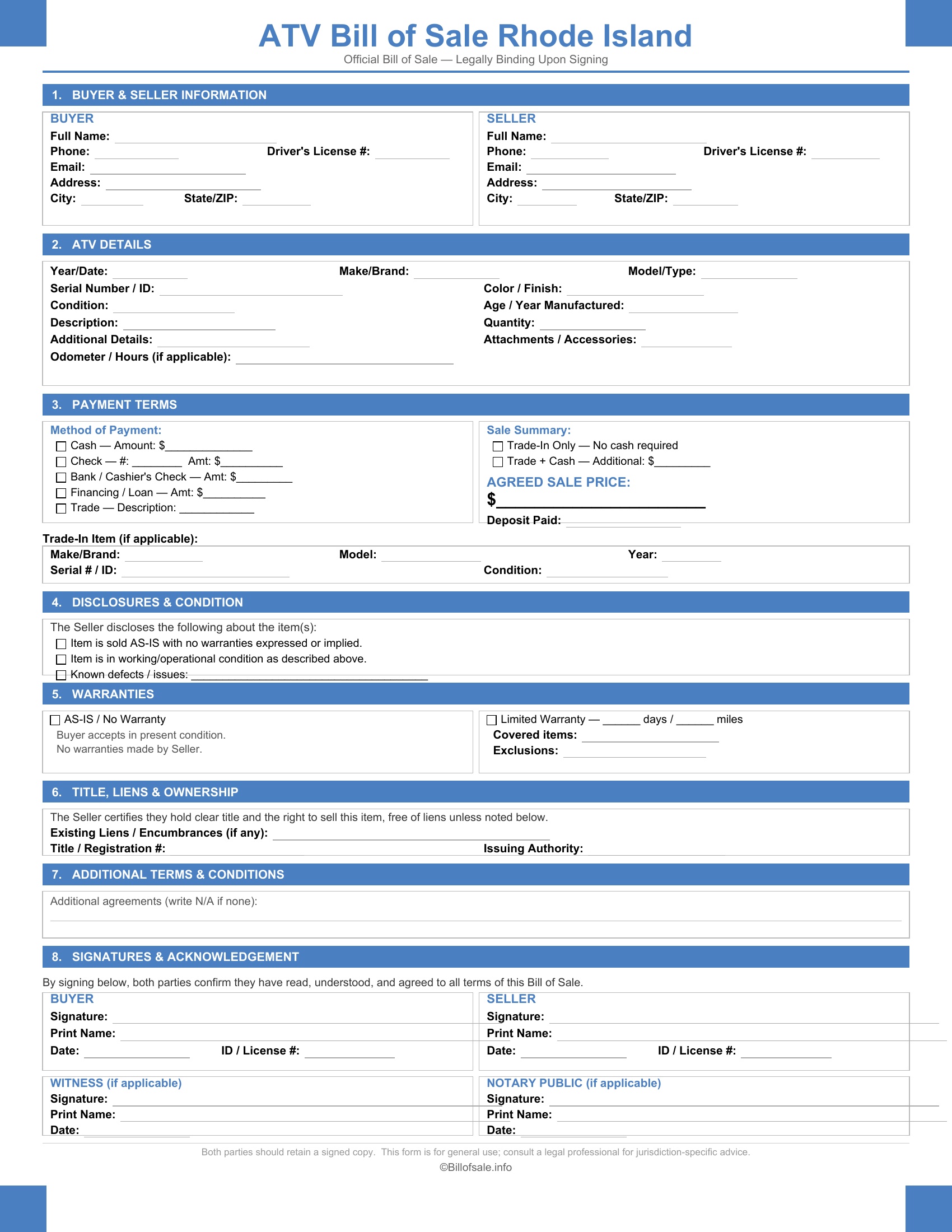 Rhode Island ATV Bill of Sale