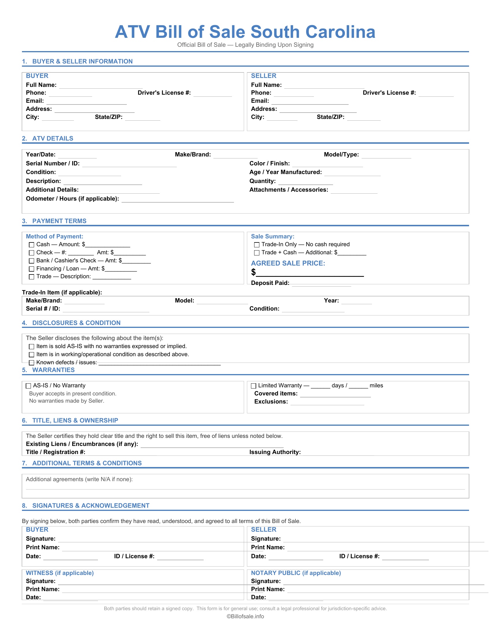 South Carolina ATV Bill of Sale