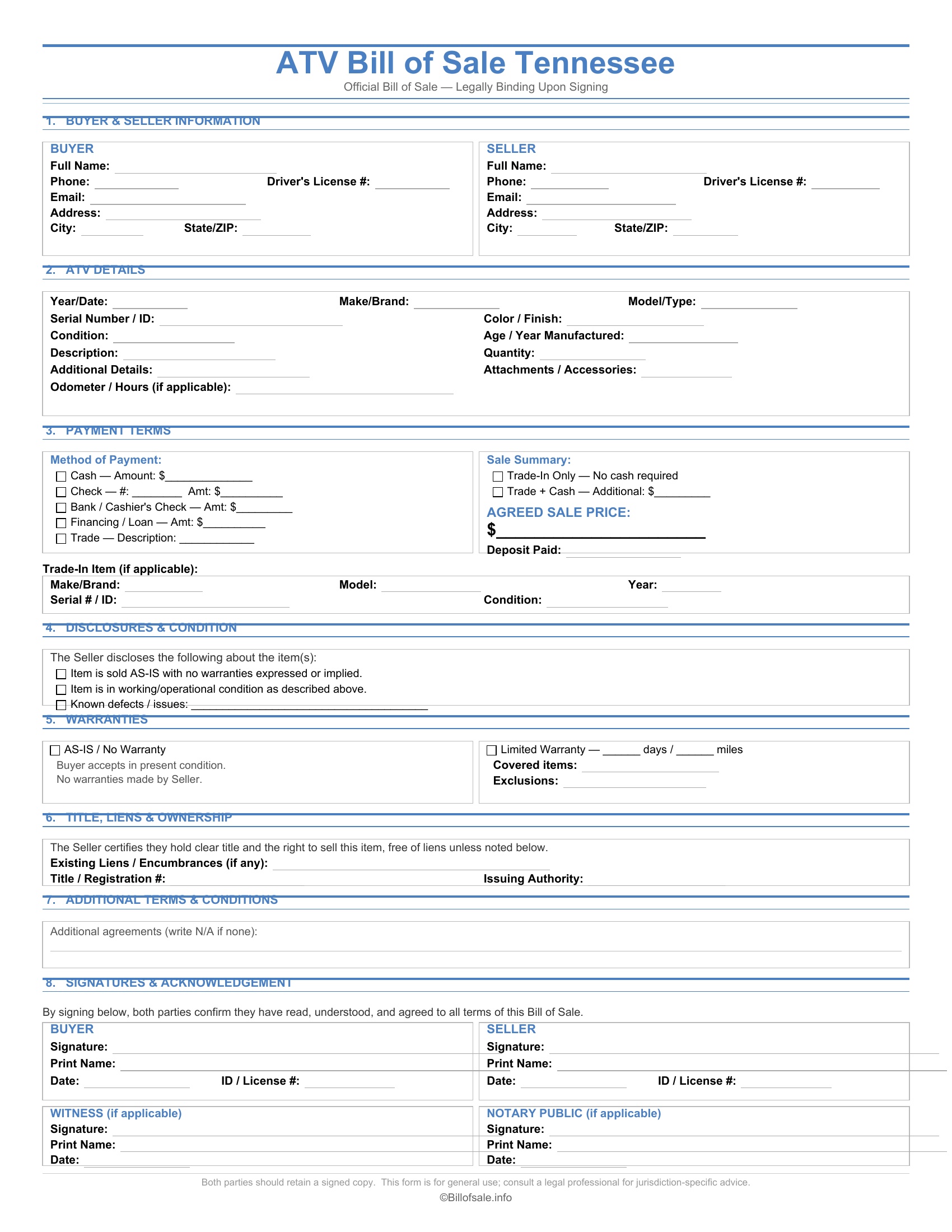 Tennessee ATV Bill of Sale