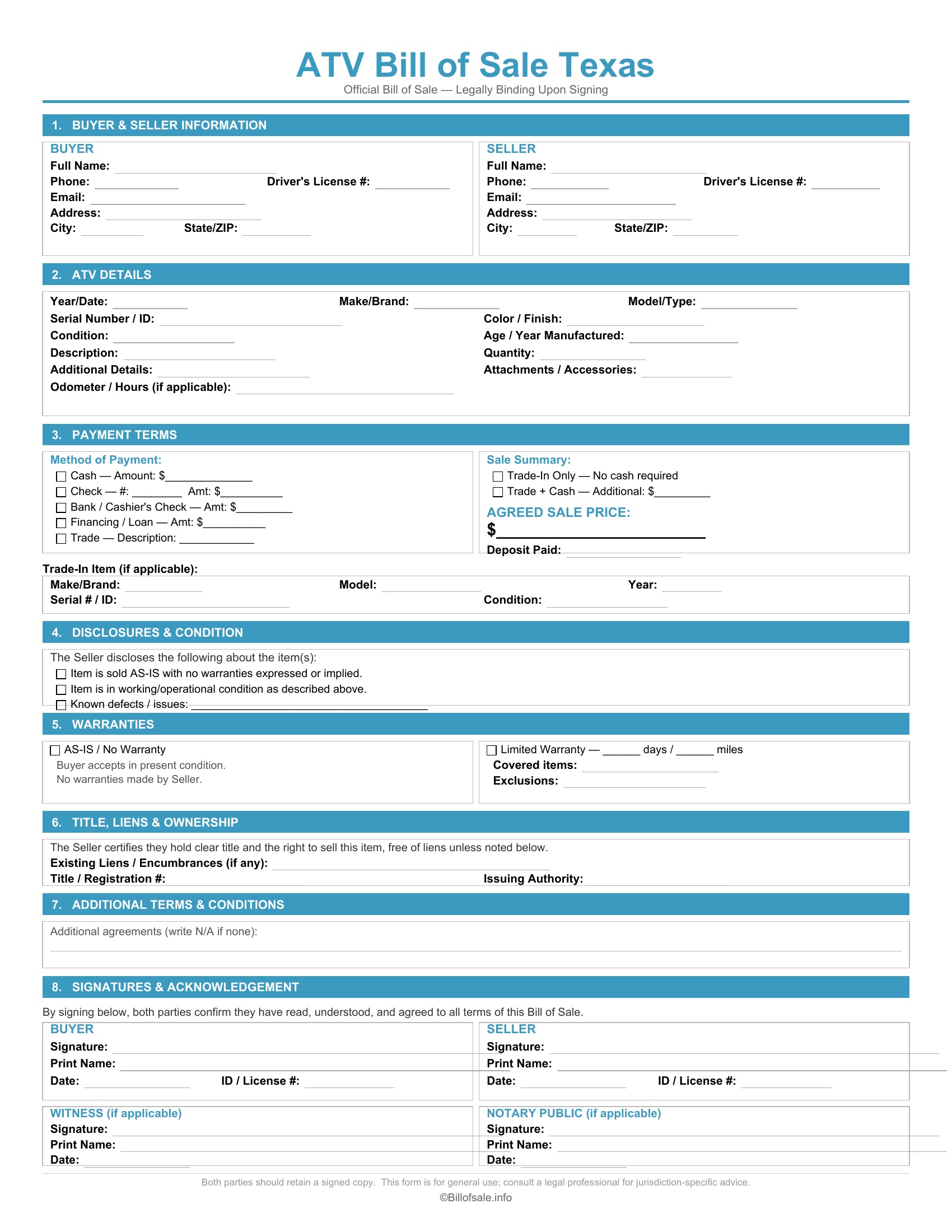 Texas ATV Bill of Sale