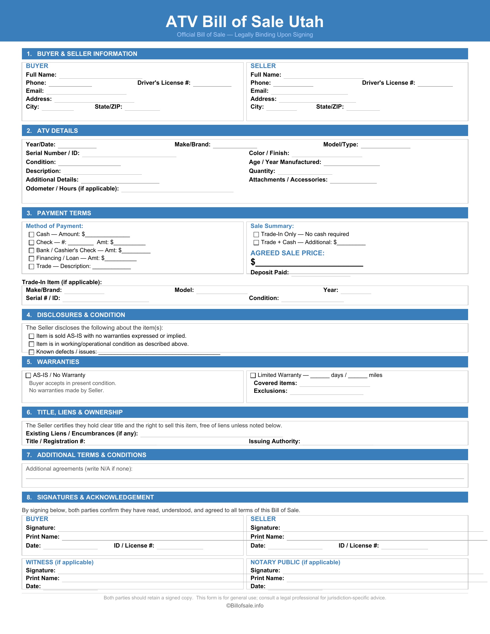 Utah ATV Bill of Sale