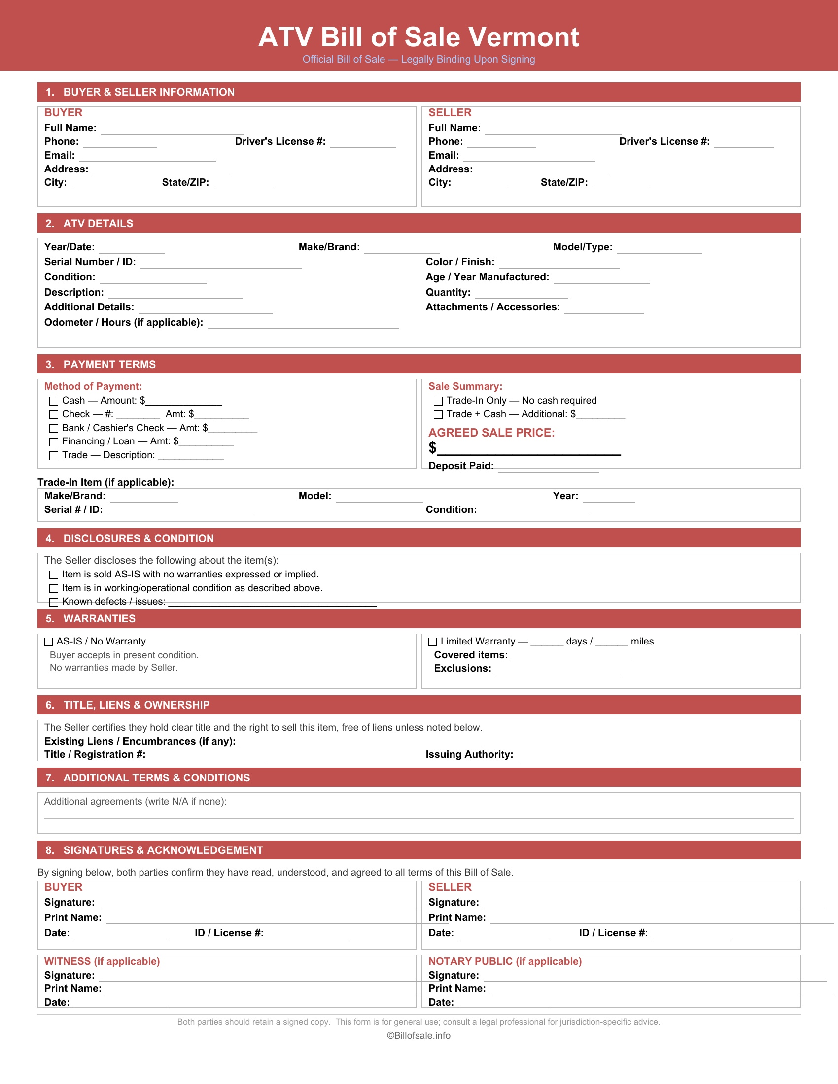 Vermont ATV Bill of Sale