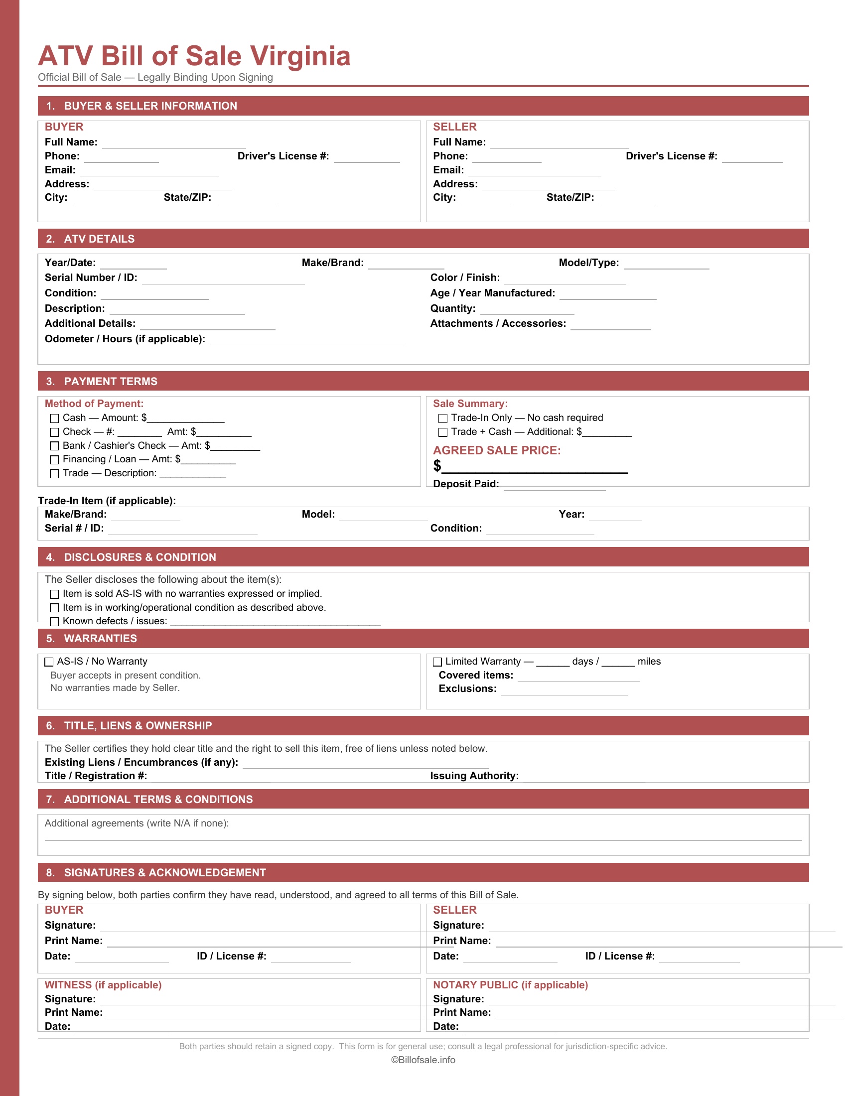 Virginia ATV Bill of Sale
