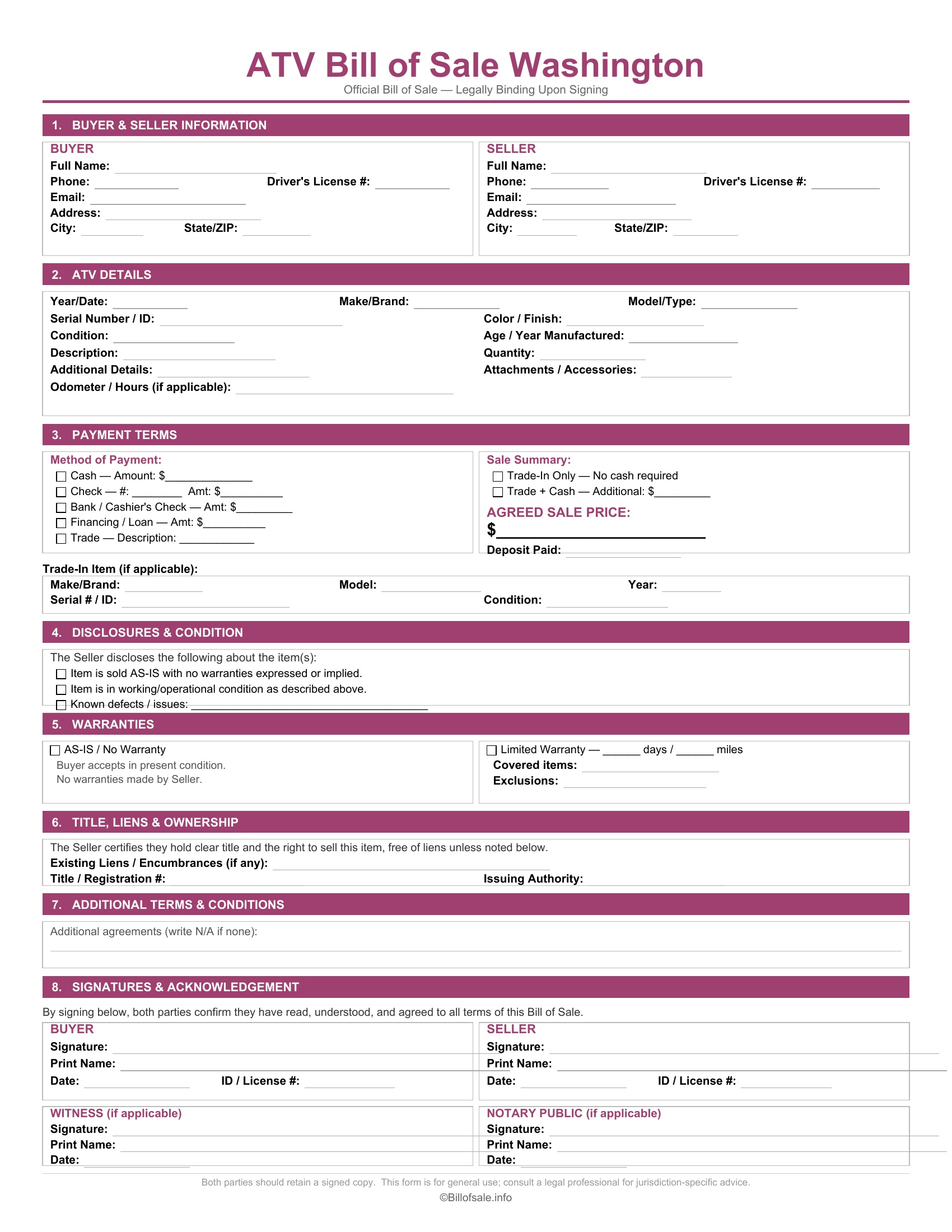 Washington ATV Bill of Sale
