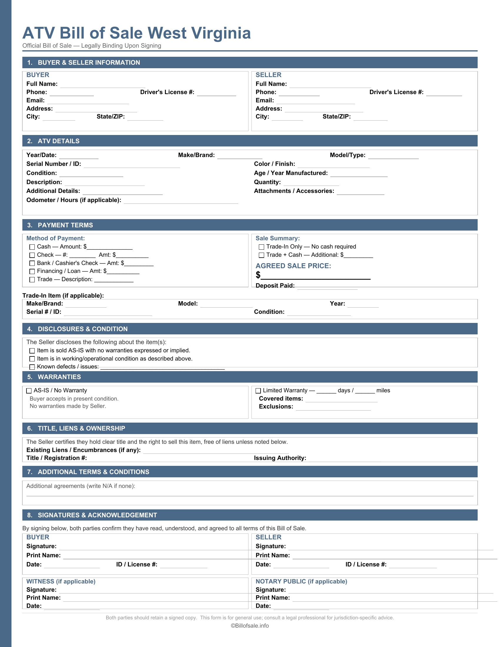 West Virginia ATV Bill of Sale