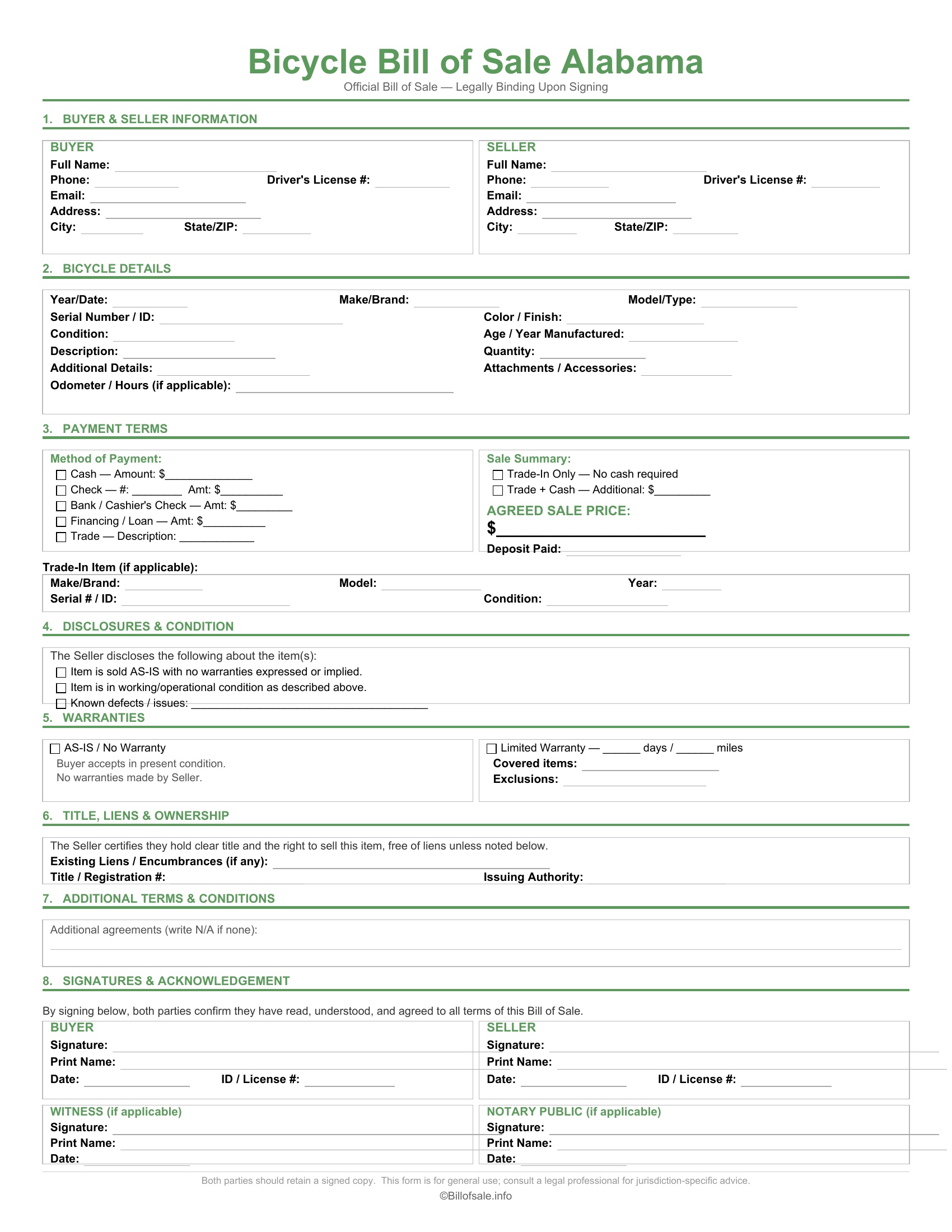 Alabama Bicycle Bill of Sale
