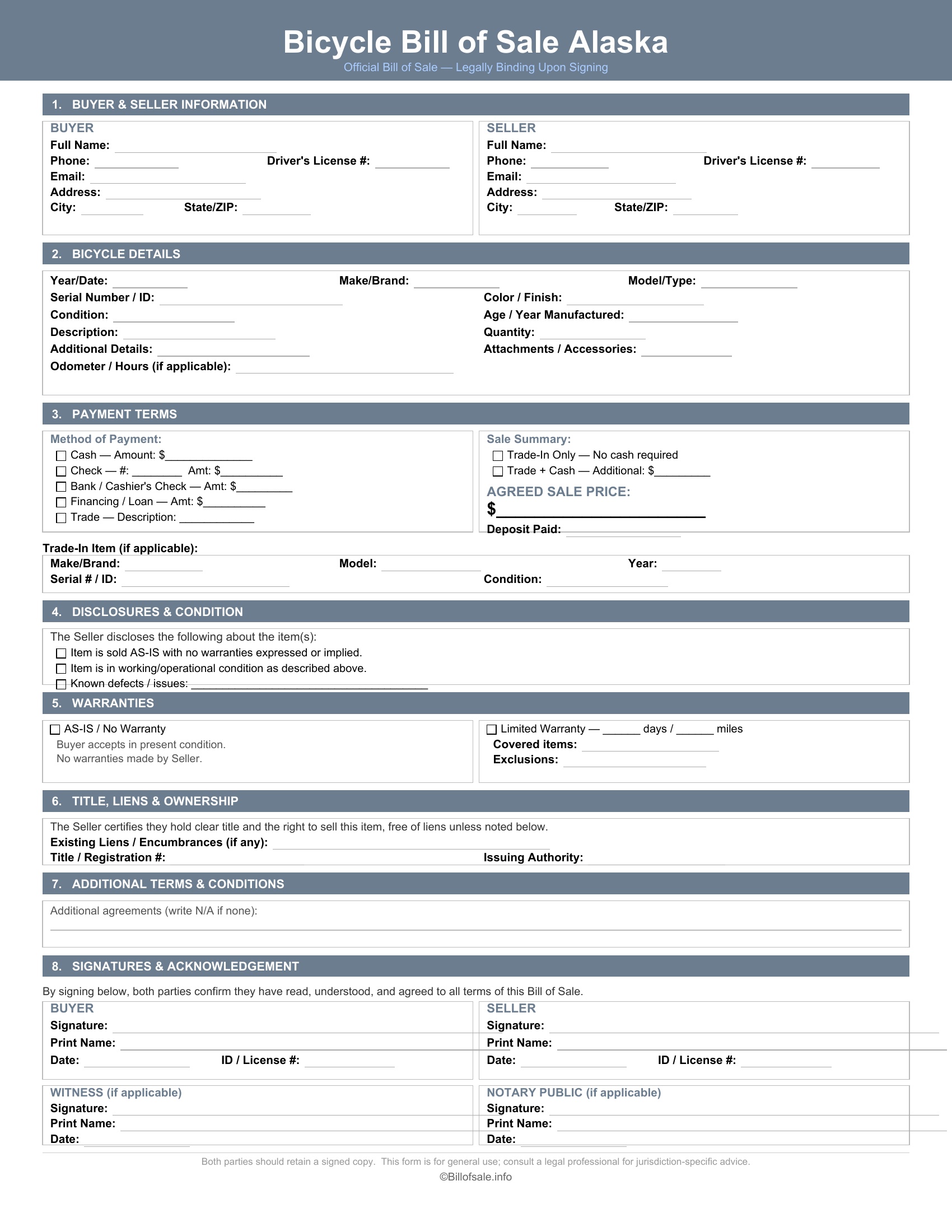 Alaska Bicycle Bill of Sale