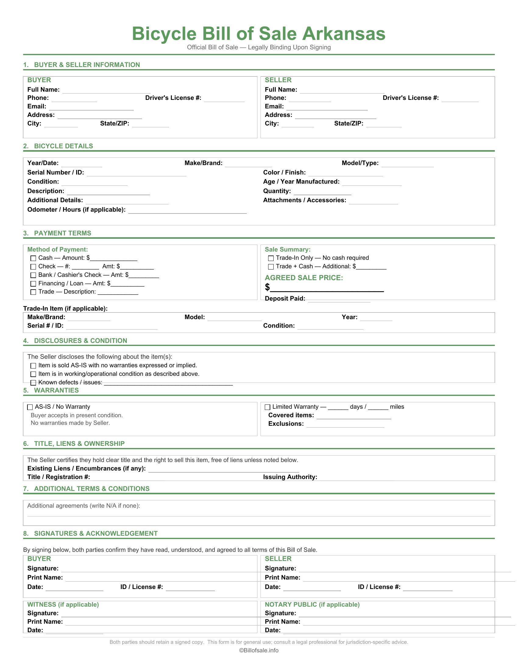 Arkansas Bicycle Bill of Sale