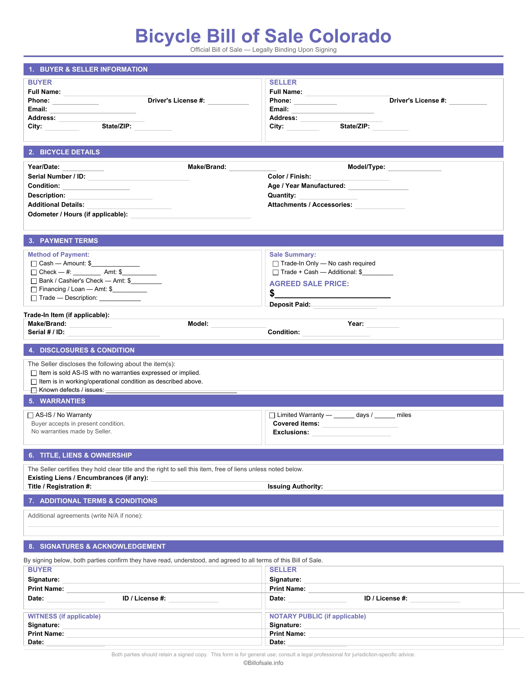 Colorado Bicycle Bill of Sale