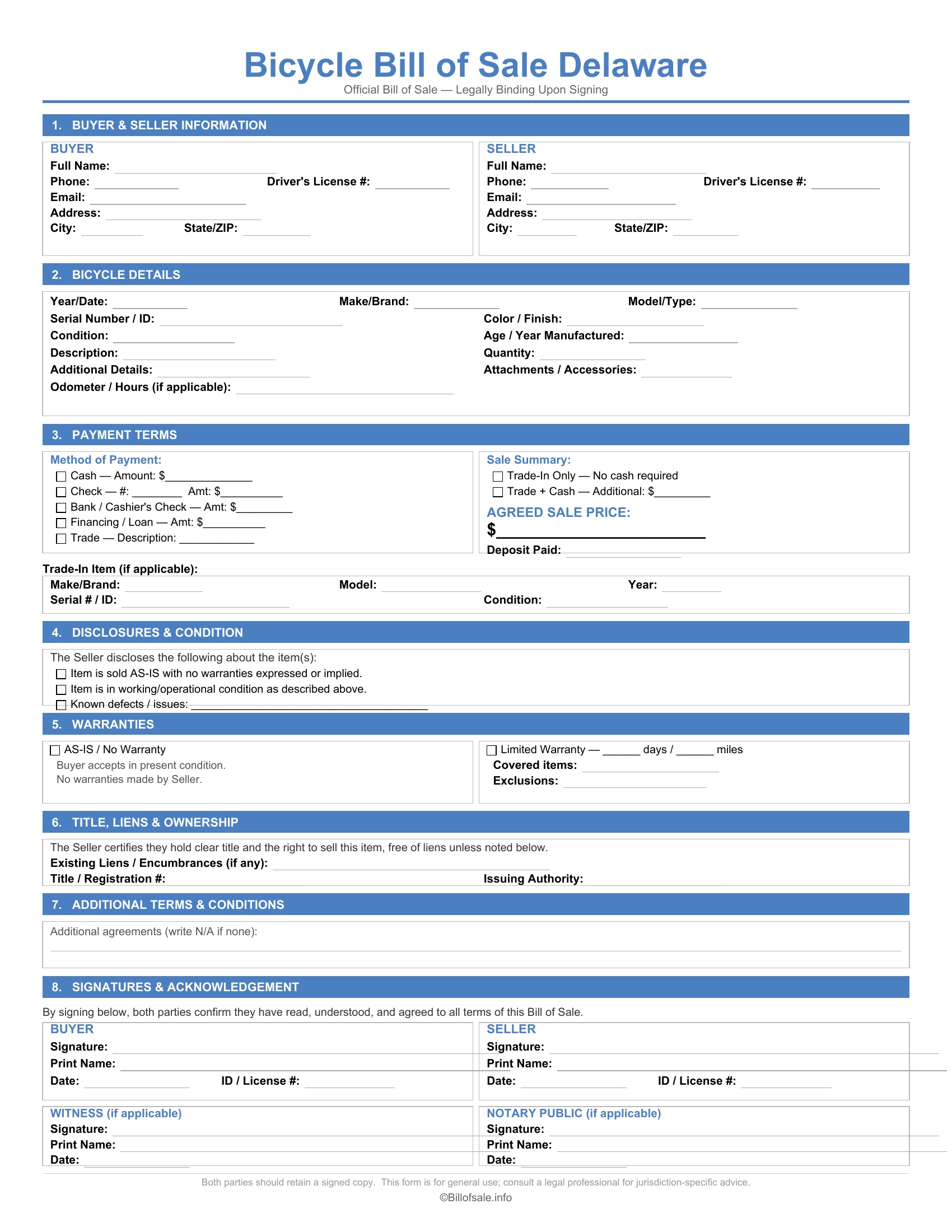 Delaware Bicycle Bill of Sale