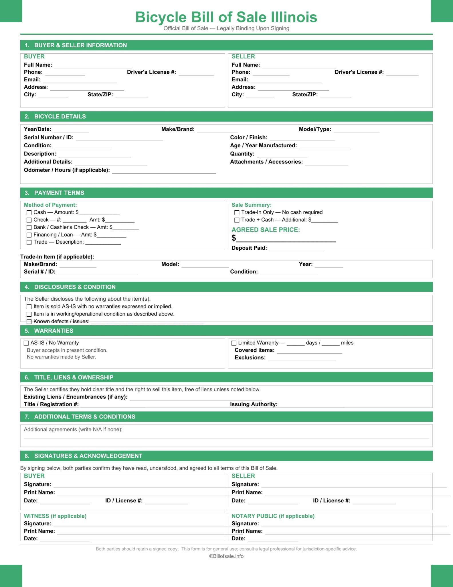 Illinois Bicycle Bill of Sale Form Template [PDF, WORD]