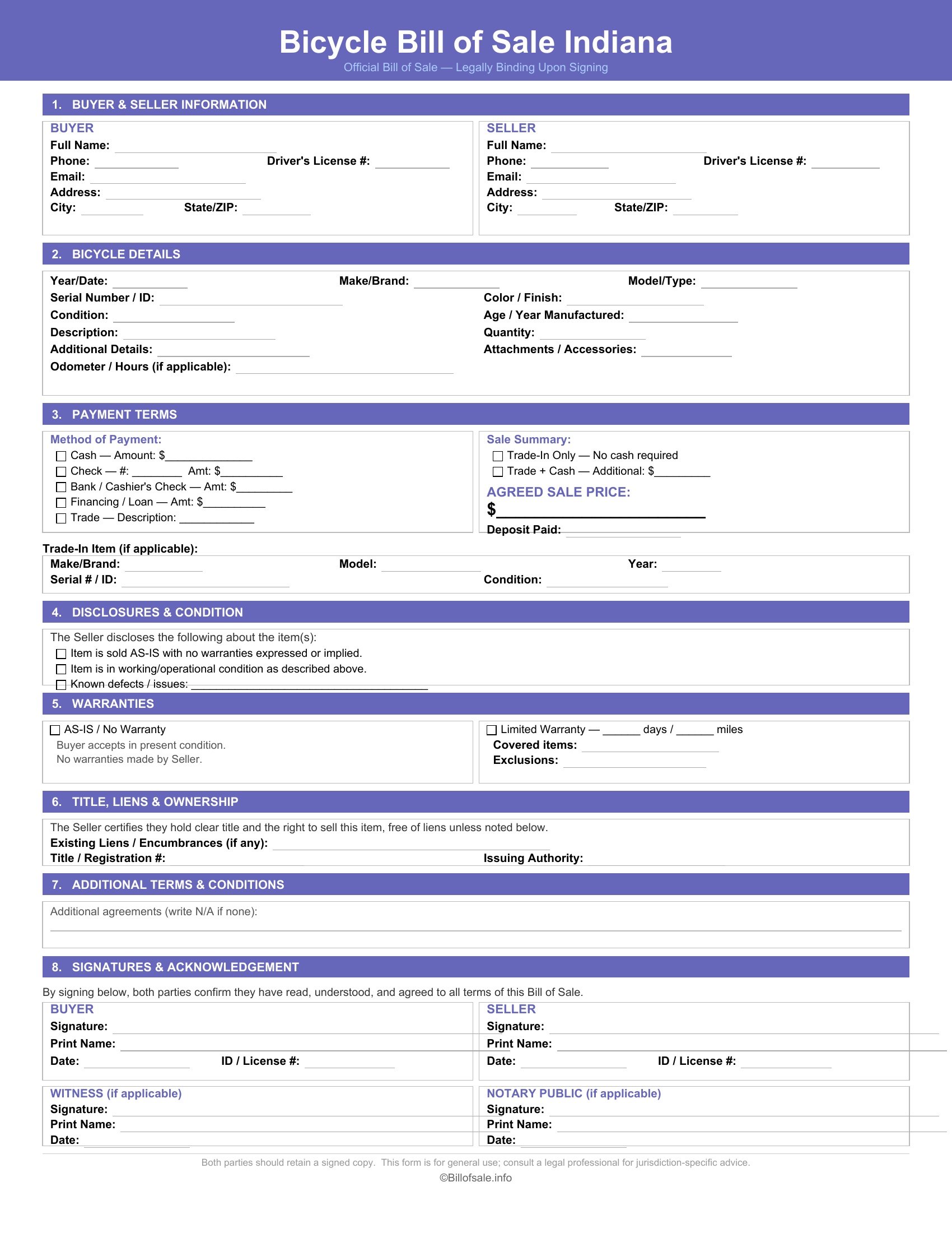 Indiana Bicycle Bill of Sale
