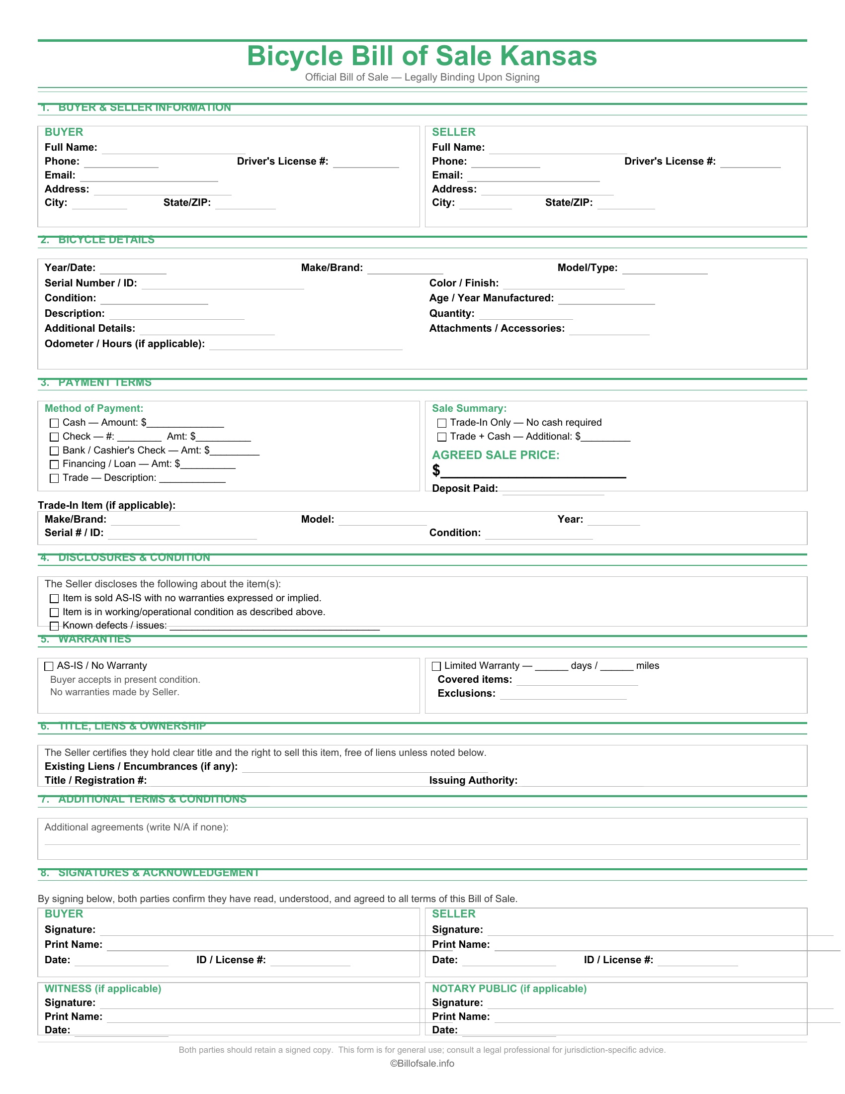 Kansas Bicycle Bill of Sale
