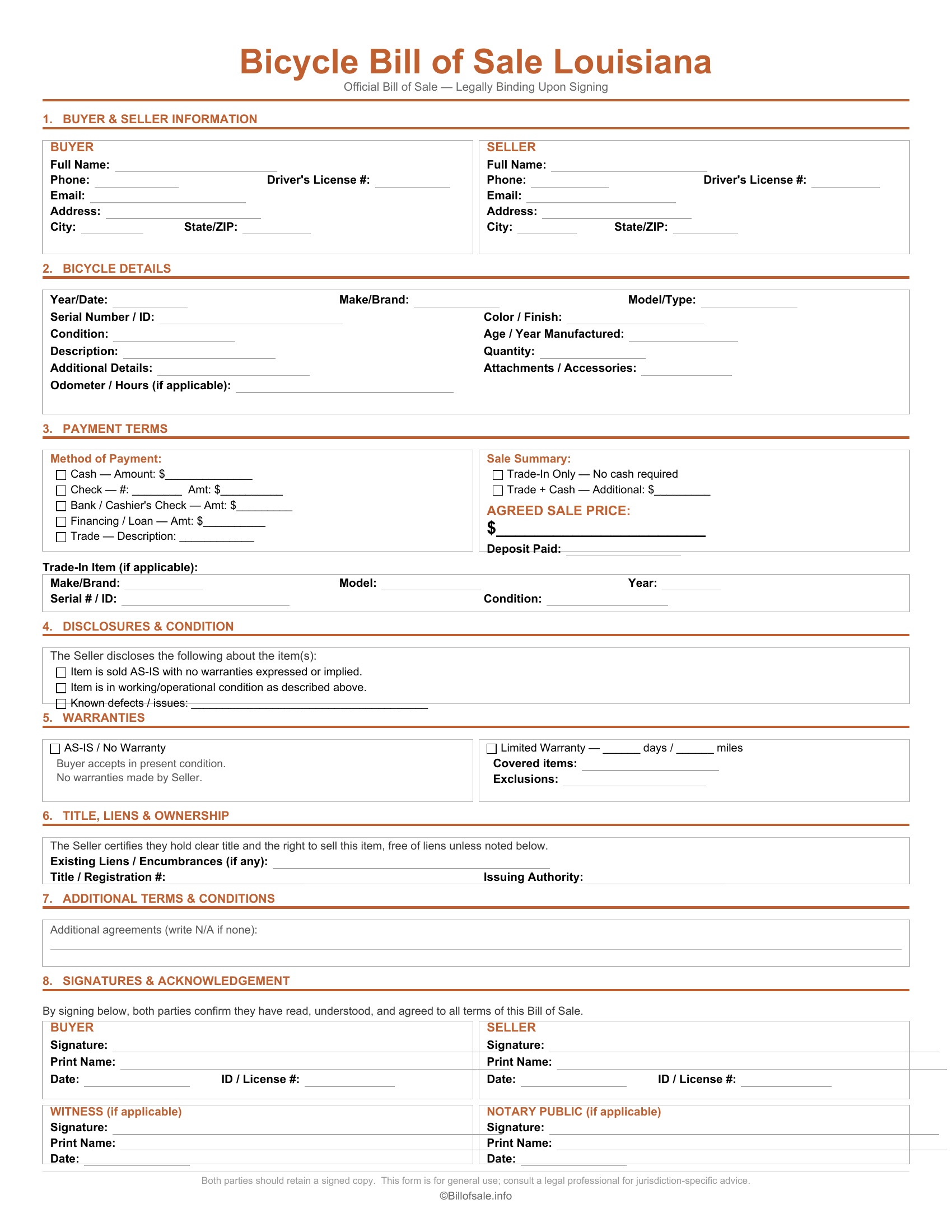 Louisiana Bicycle Bill of Sale