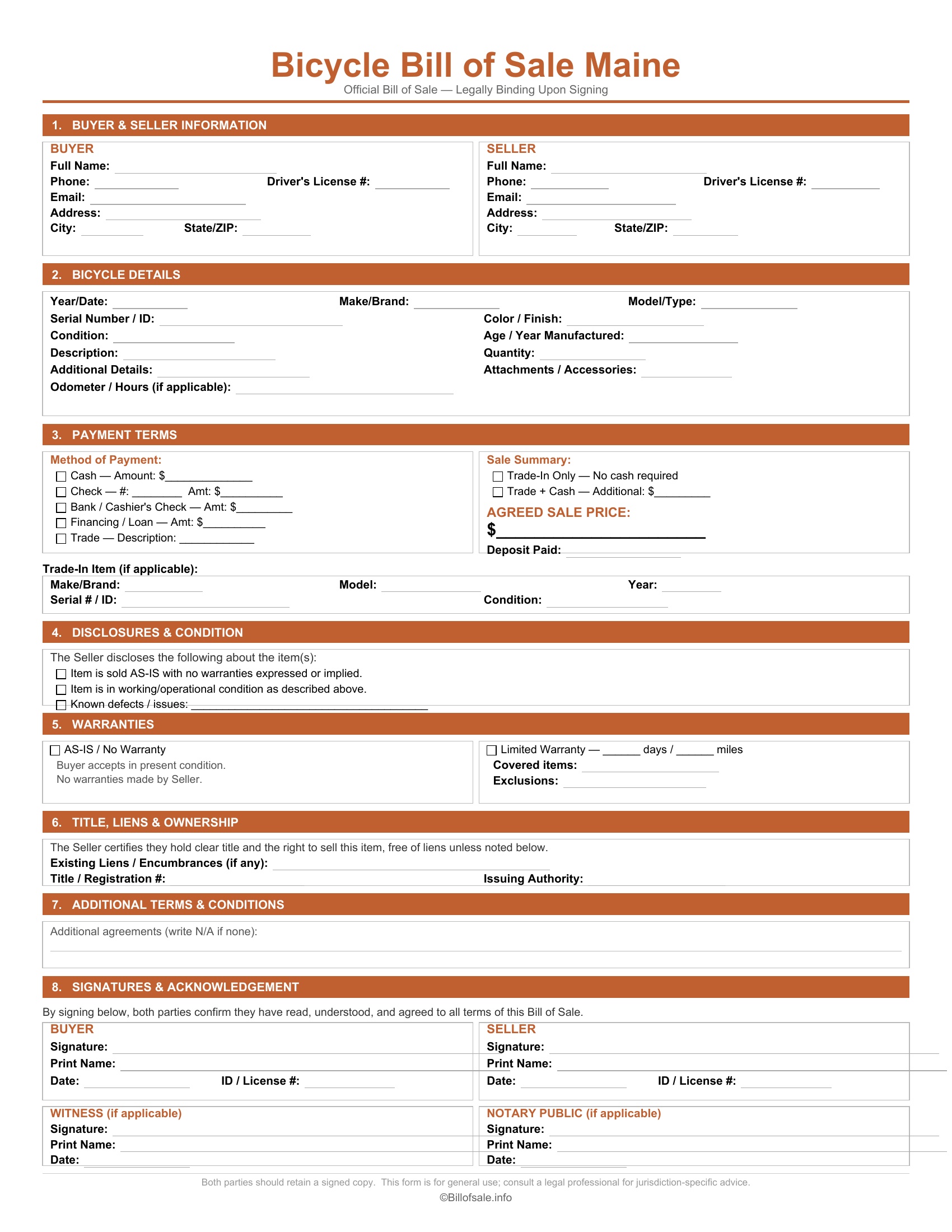 Maine Bicycle Bill of Sale