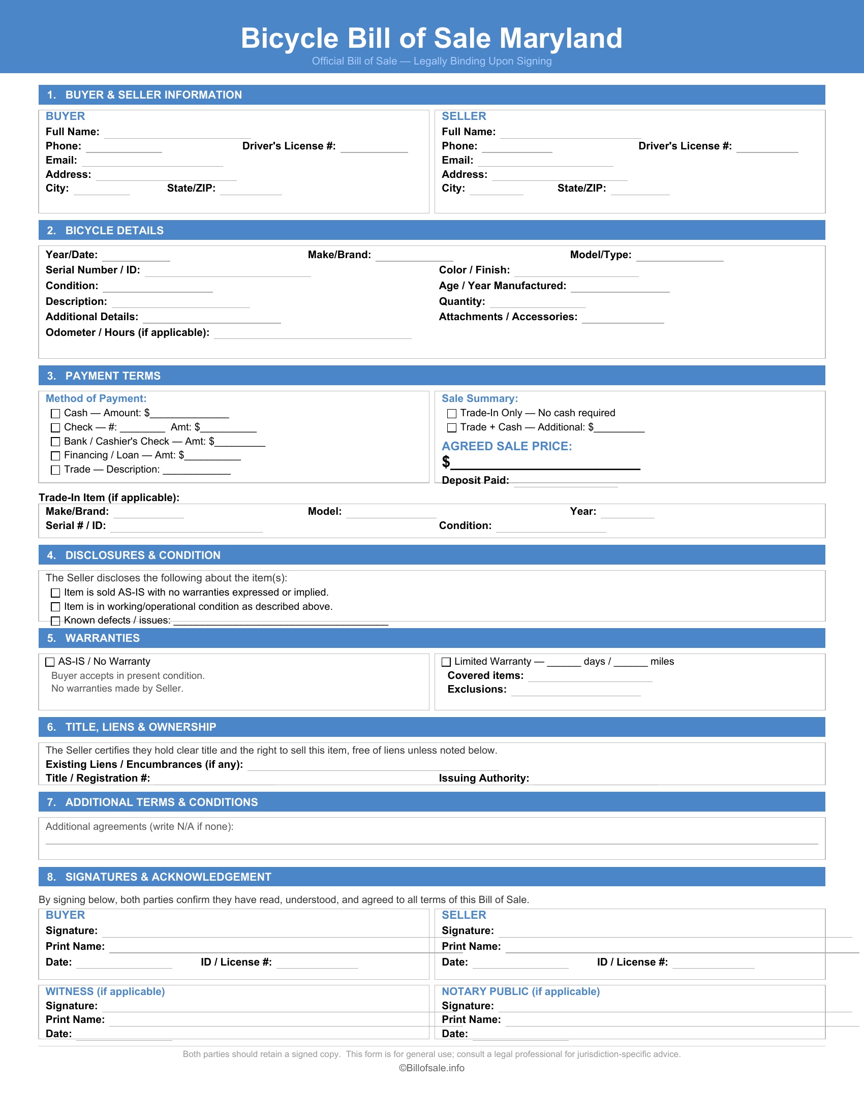 Maryland Bicycle Bill of Sale