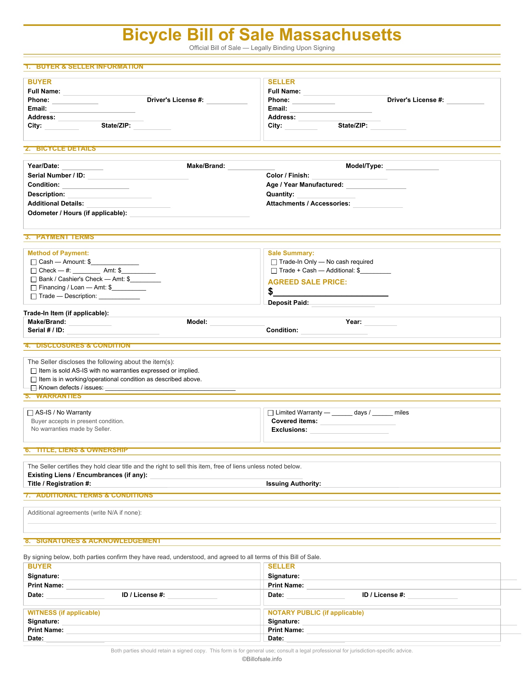 Massachusetts Bicycle Bill of Sale