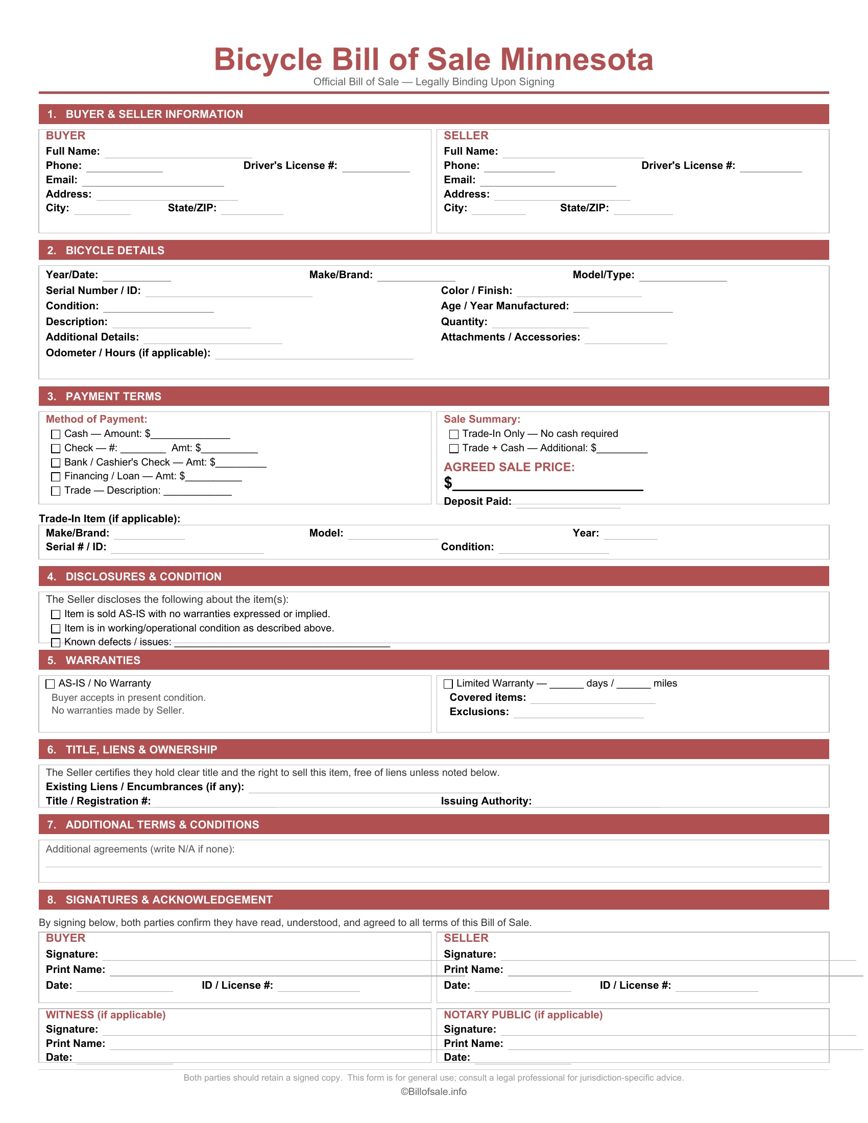 Minnesota Bicycle Bill of Sale