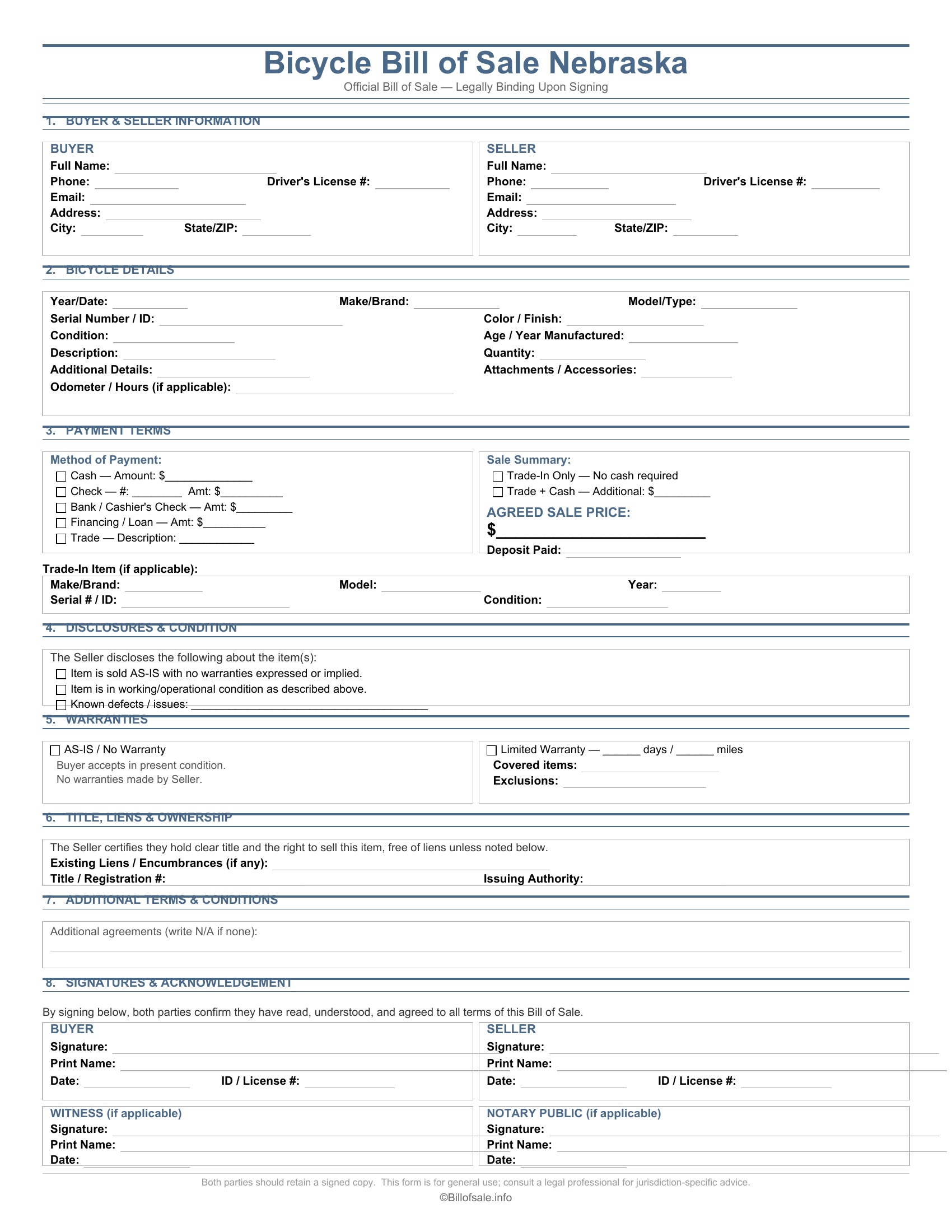 Nebraska Bicycle Bill of Sale