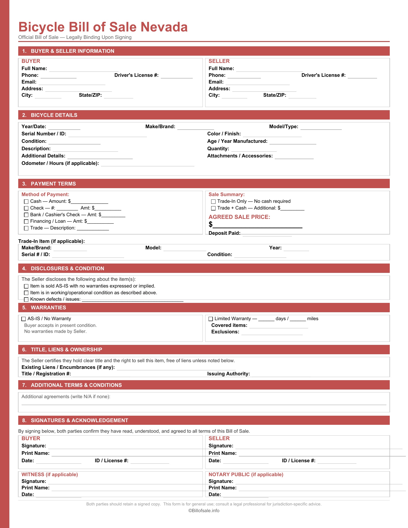 Nevada Bicycle Bill of Sale